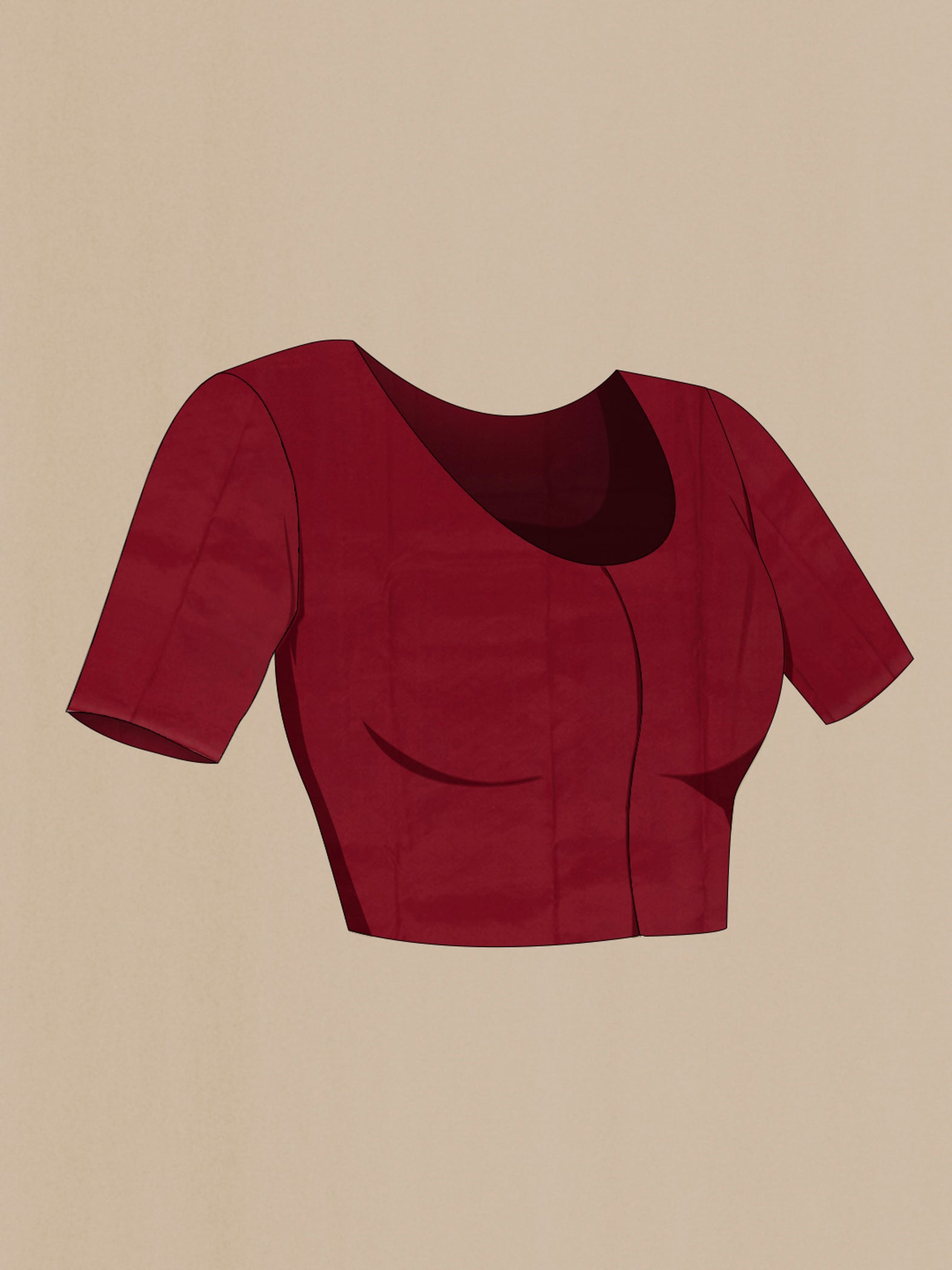 Close up image of the blouse of Maroon Kanchipuram Silk Saree with Zari Butta on the body and Plain Border. 