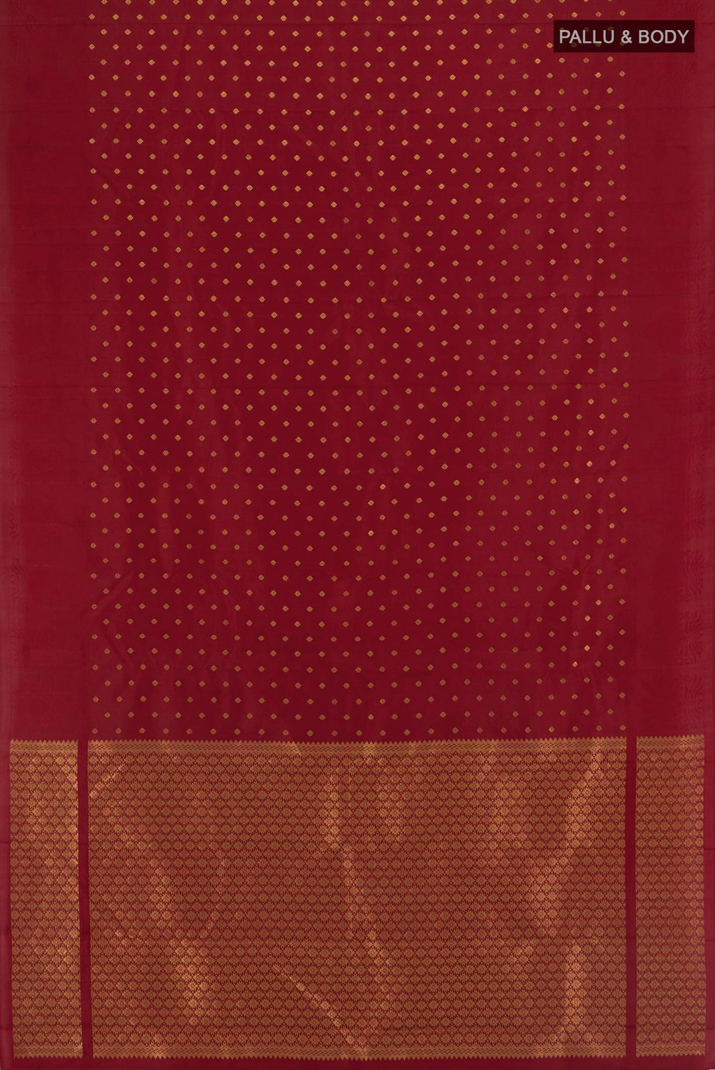 Flat view of Maroon Kanchipuram Silk Saree with Zari Butta on the body and Plain Border. 