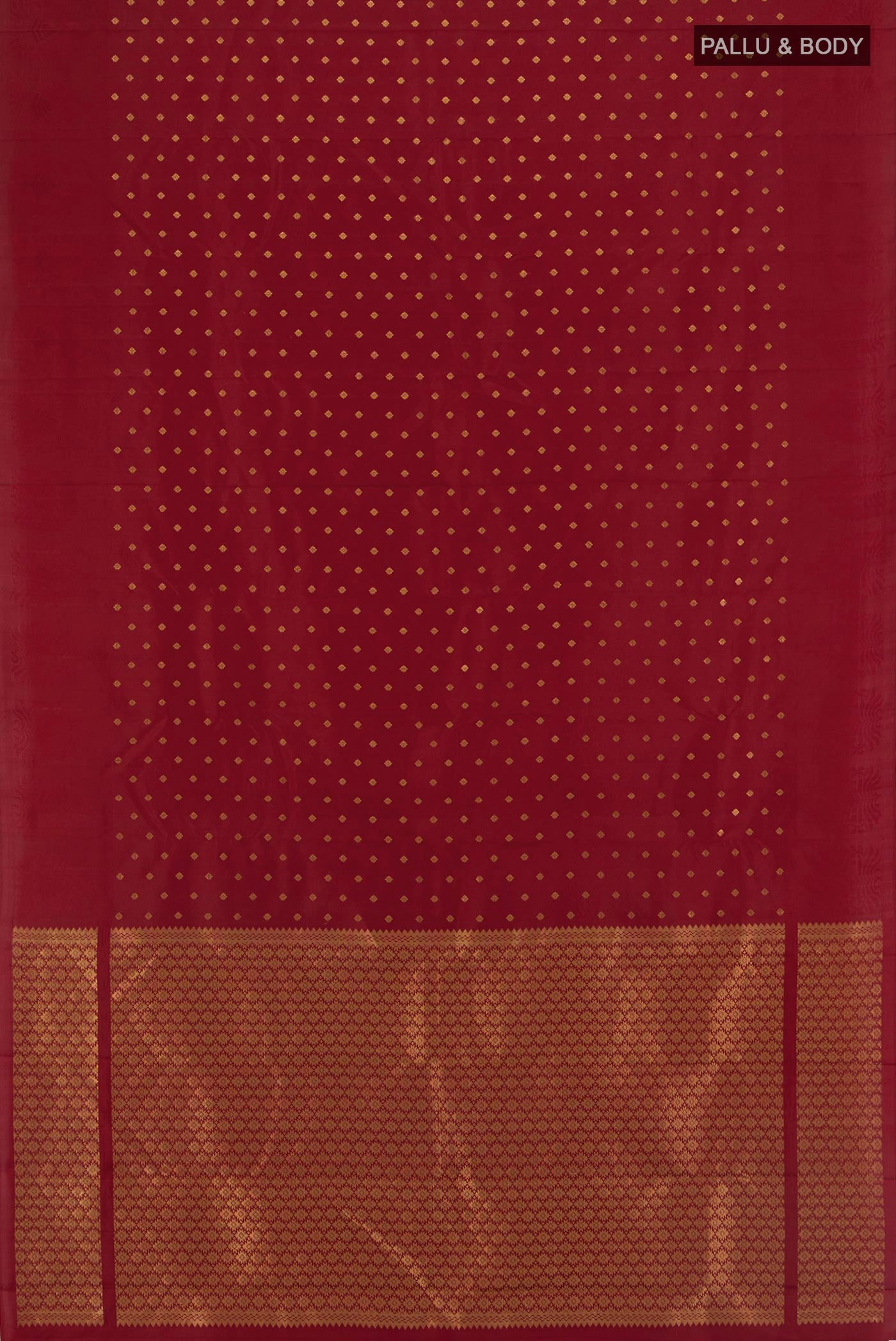 Flat view of Maroon Kanchipuram Silk Saree with Zari Butta on the body and Plain Border. 