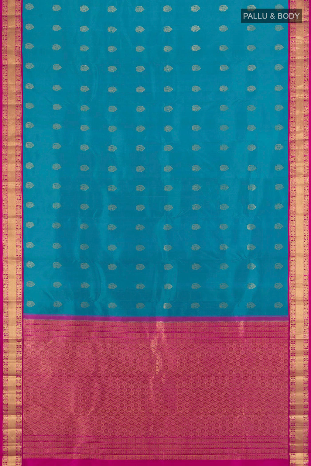 Flat view of Peacock Blue Kanchipuram Silk Saree with Zari Butta on the body and Zari Border. 