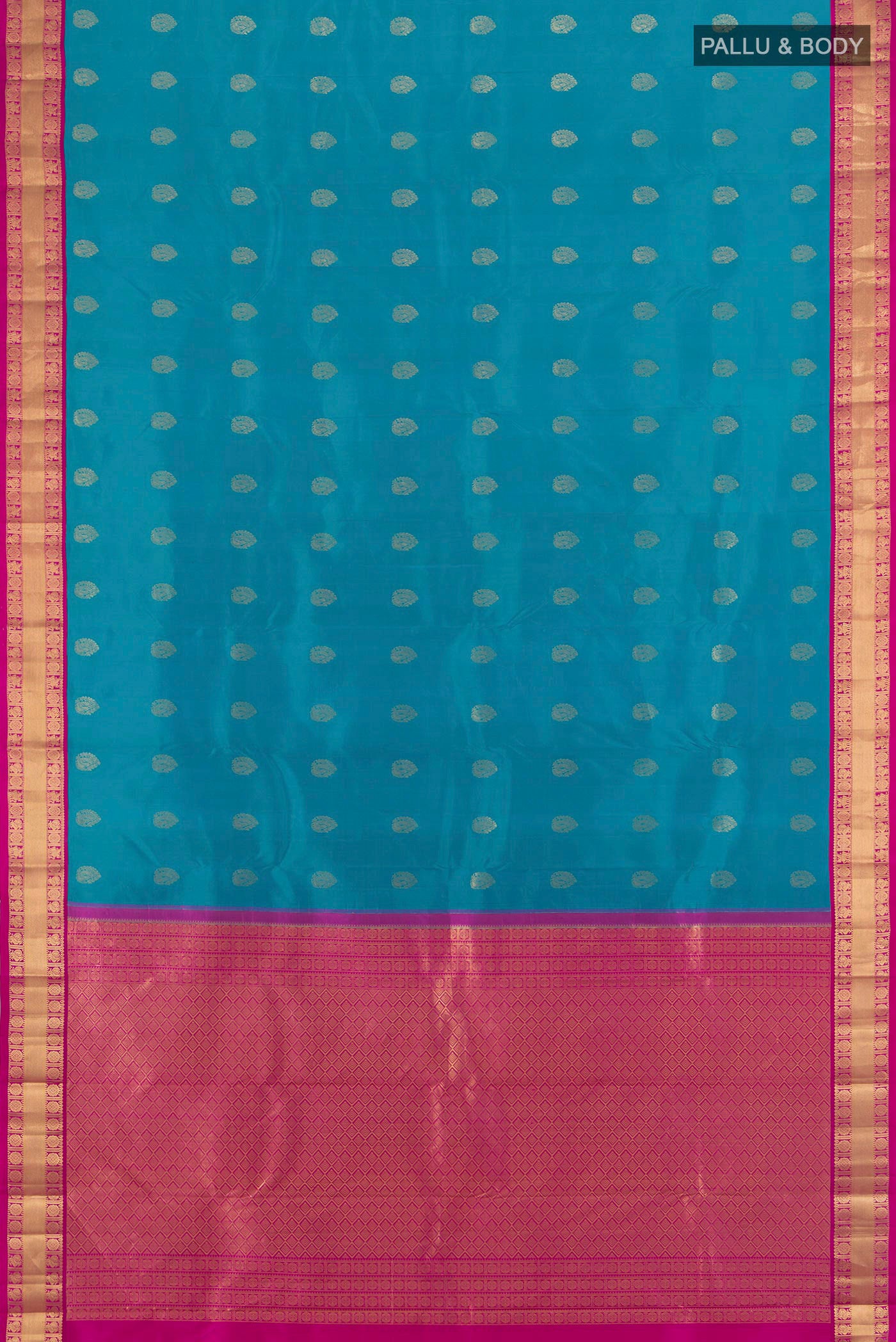 Flat view of Peacock Blue Kanchipuram Silk Saree with Zari Butta on the body and Zari Border. 
