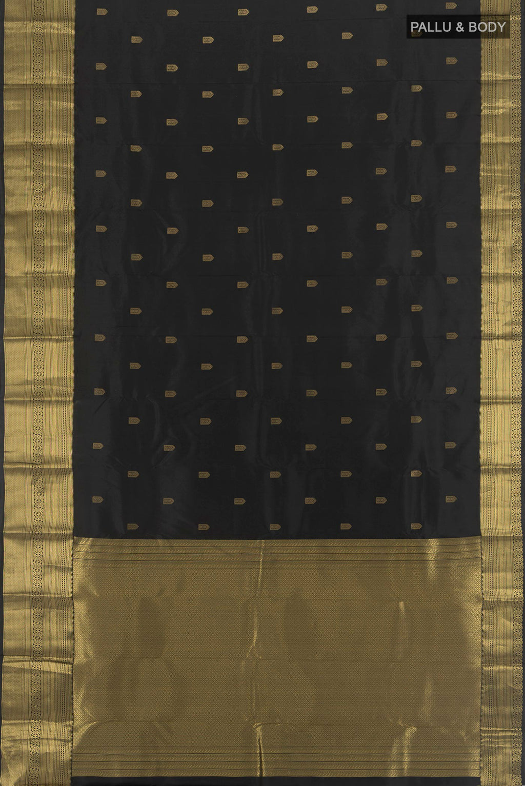 Flat view of Black Kanchipuram Silk Saree with Zari Butta on the body and Zari Border. 