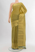 Mehandi Green Kanchipuram Silk Saree with Zari Butta on the body and Zari Border.  displayed on a mannequin
