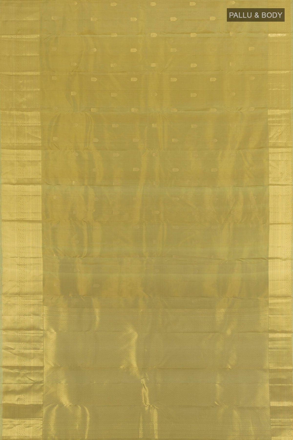 Flat view of Mehandi Green Kanchipuram Silk Saree with Zari Butta on the body and Zari Border. 
