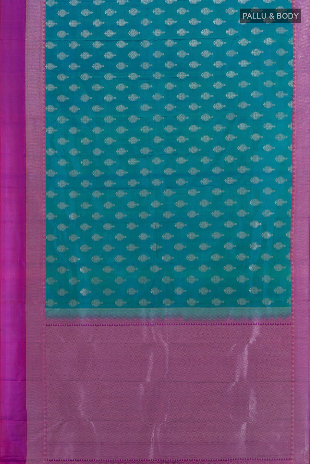 Flat view of Pure Silk Peacock Blue Kanchipuram Saree with Zari Butta on the body and Zari Border. 