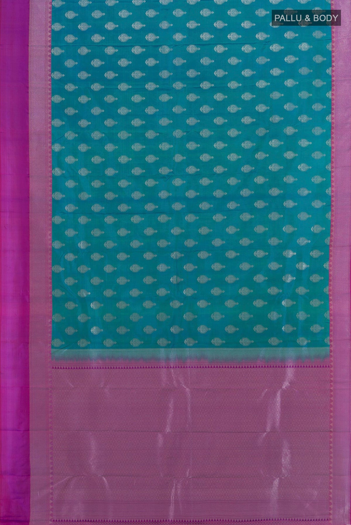 Flat view of Pure Silk Peacock Blue Kanchipuram Saree with Zari Butta on the body and Zari Border. 