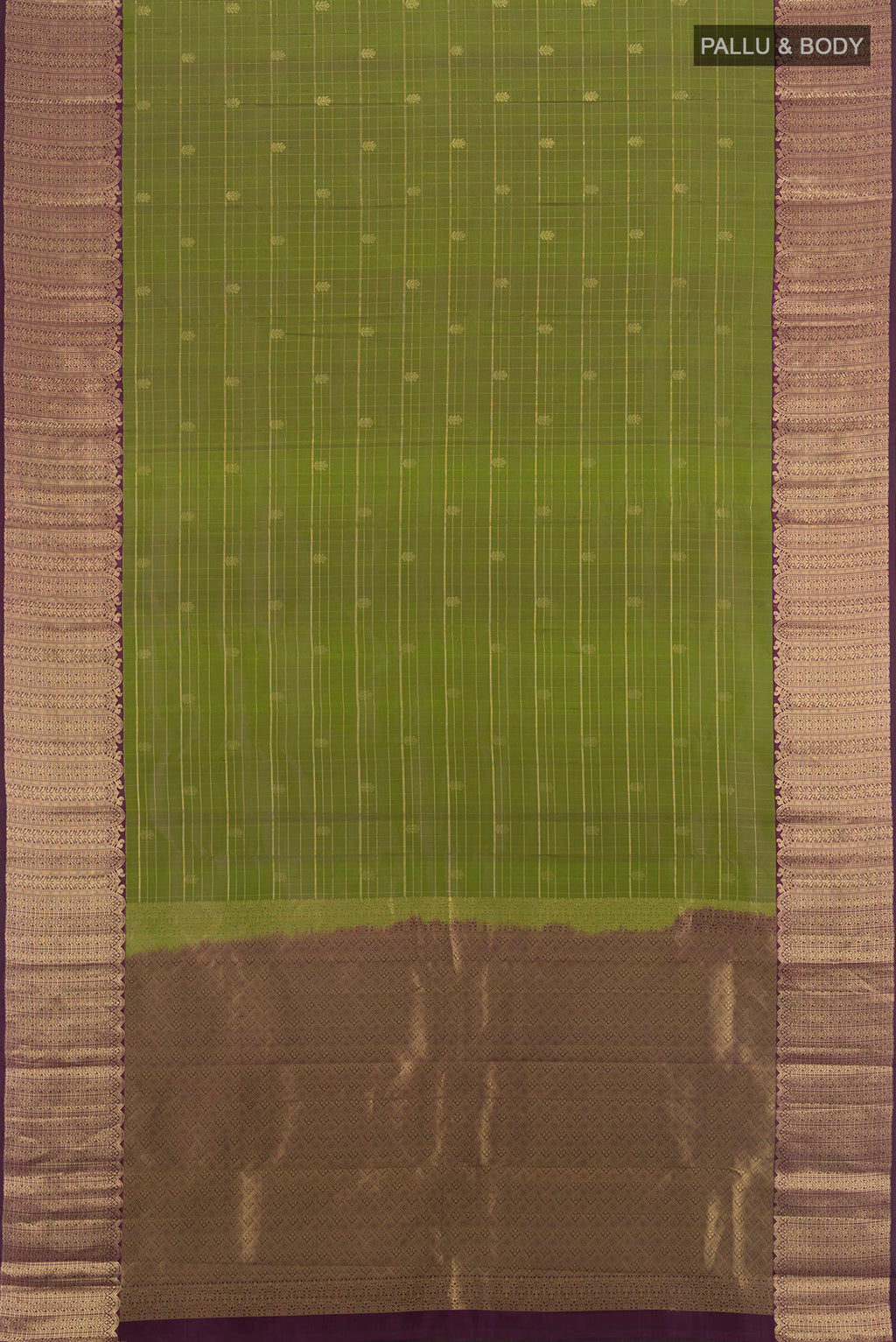 Flat view of Mehandi Green Kanjivaram Silk Saree with Checked design on the body and Zari Border. 
