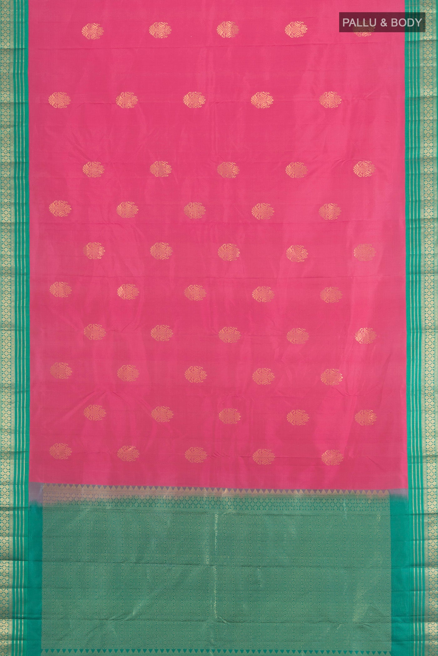 Flat view of Bronze Kanchipuram Silk Saree with Zari Butta on the body and Silk Border. 