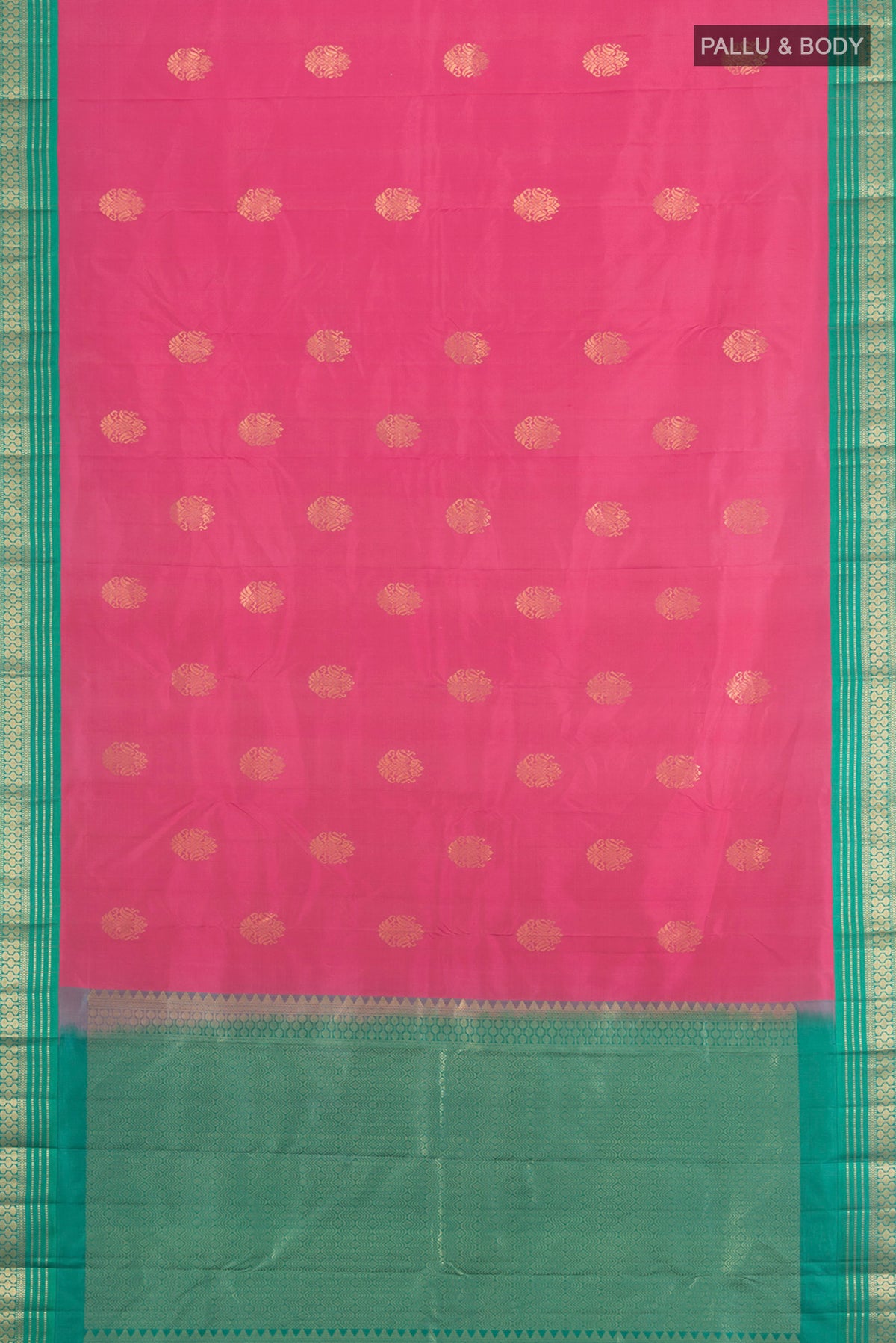 Flat view of Bronze Kanchipuram Silk Saree with Zari Butta on the body and Silk Border. 