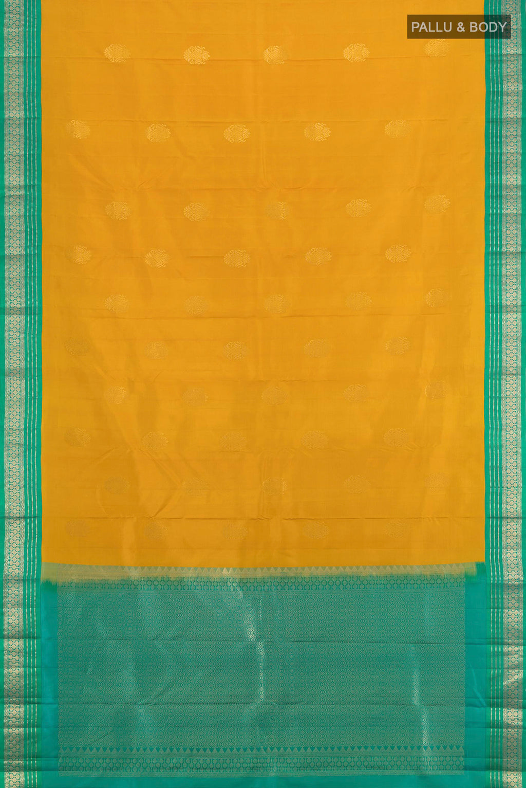 Flat view of Mustard Kanchipuram Silk Saree with Zari Butta on the body and Zari Border. 
