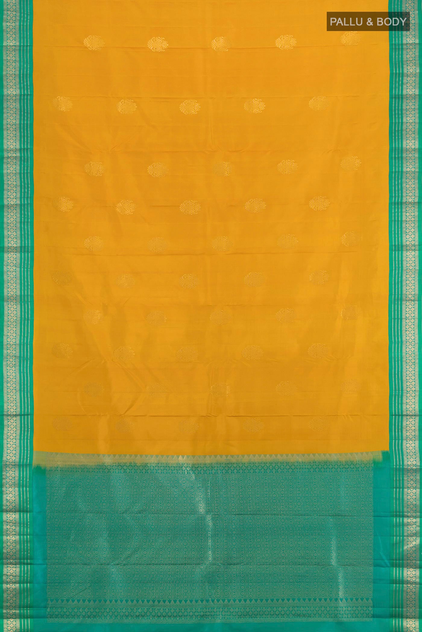 Flat view of Mustard Kanchipuram Silk Saree with Zari Butta on the body and Zari Border. 