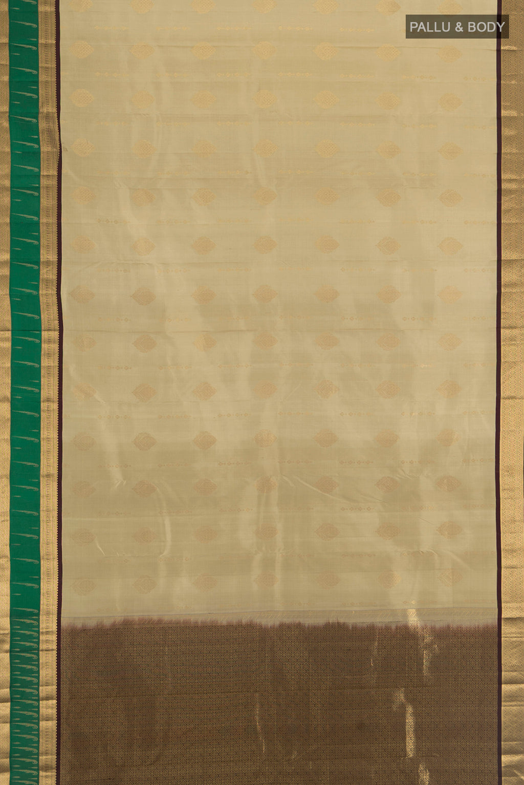 Flat view of Beige Kanjivaram Silk Saree with Zari Butta on the body and Zari Border. 