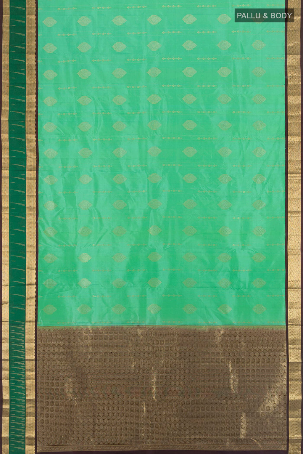 Flat view of Sea Green Kanjivaram Silk Saree with Zari Butta on the body and Zari Border. 