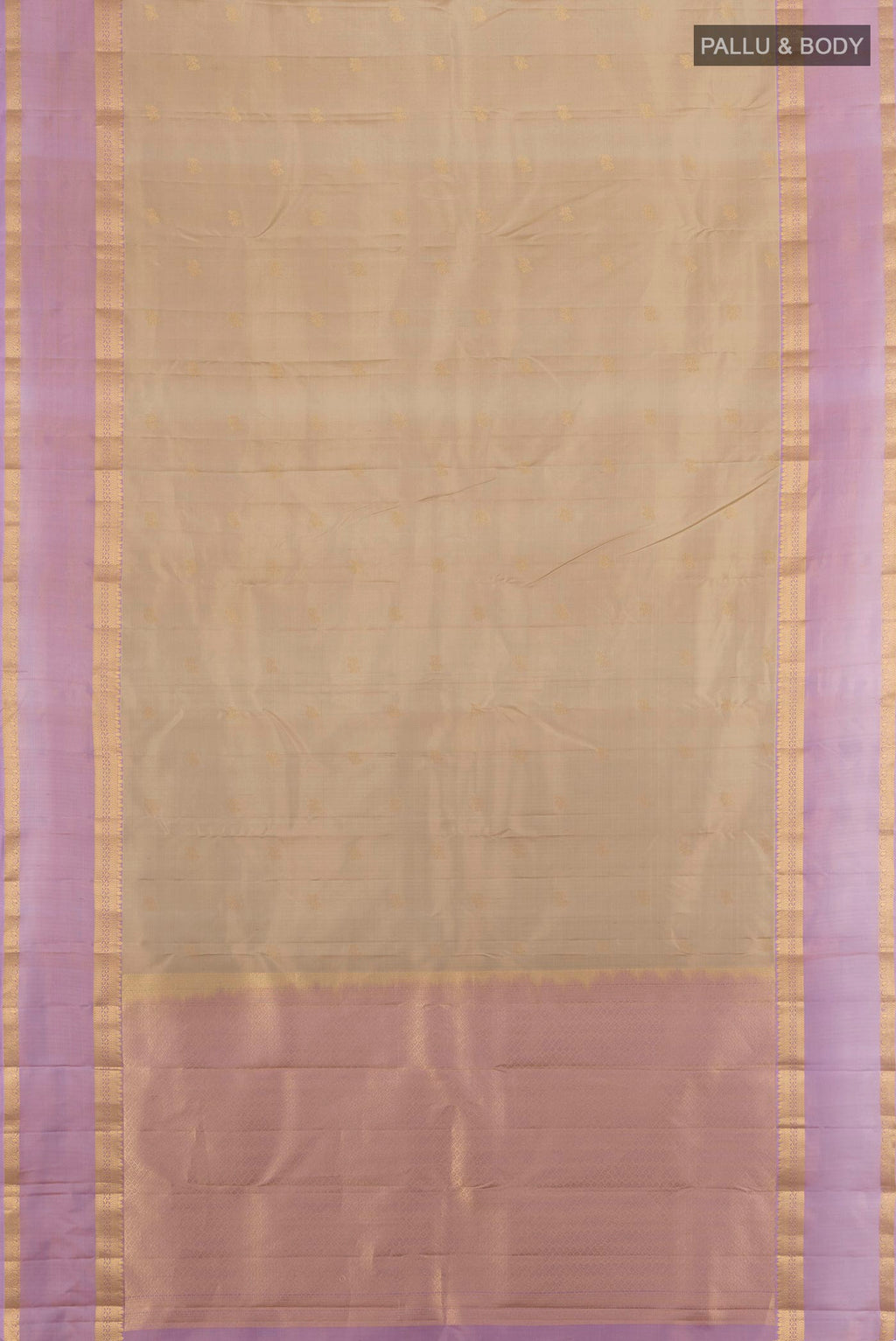 Flat view of Beige Kanchipuram Silk Saree with Zari Butta on the body and Zari Border. 