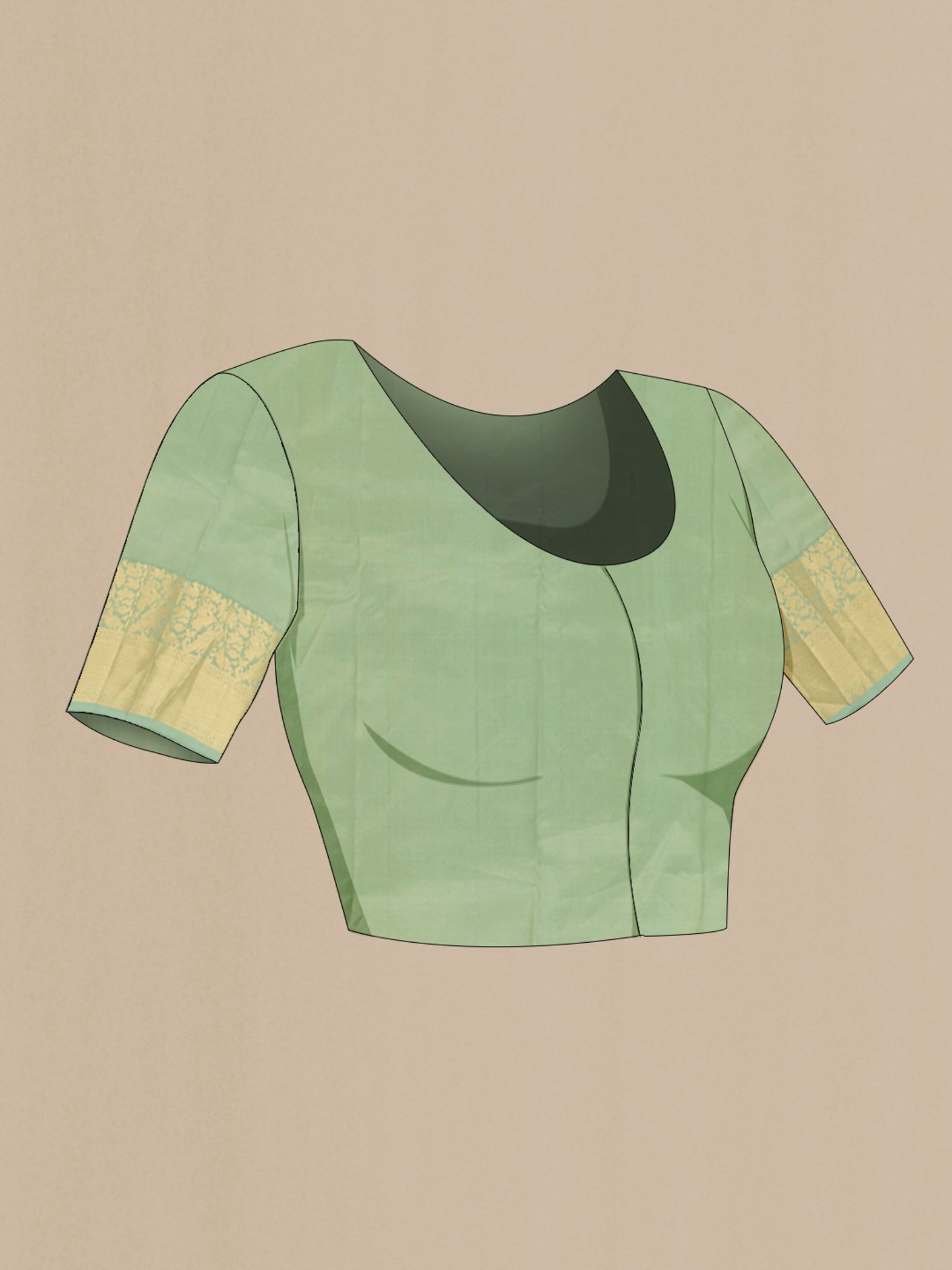 Close up image of the blouse of Light Green Kanchipuram Silk Saree with Zari Butta on the body and Zari Border. 