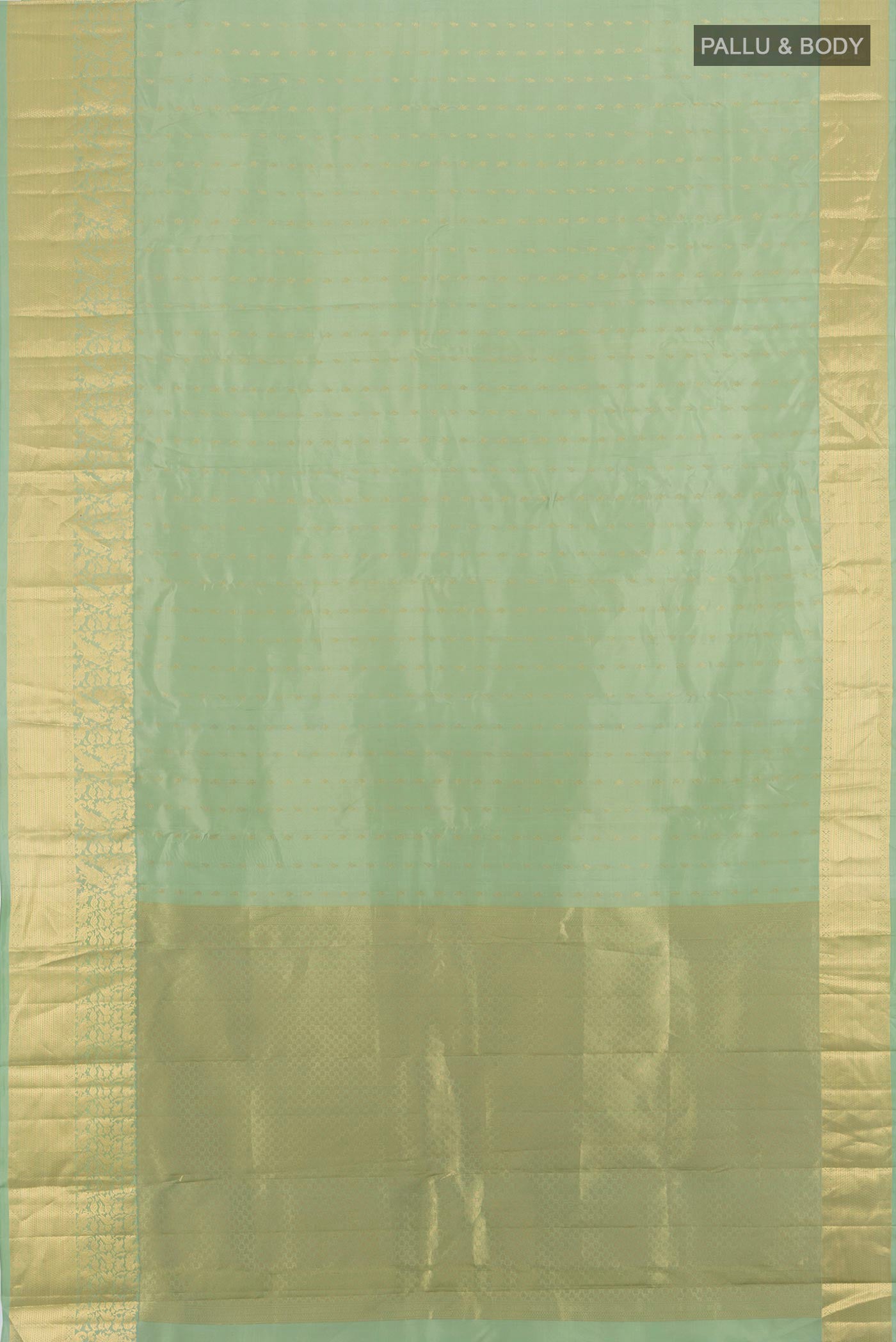 Flat view of Light Green Kanchipuram Silk Saree with Zari Butta on the body and Zari Border. 