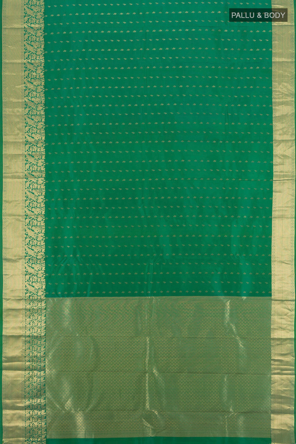 Flat view of Green Kanchipuram Silk Saree with Zari Butta on the body and Zari Border. 