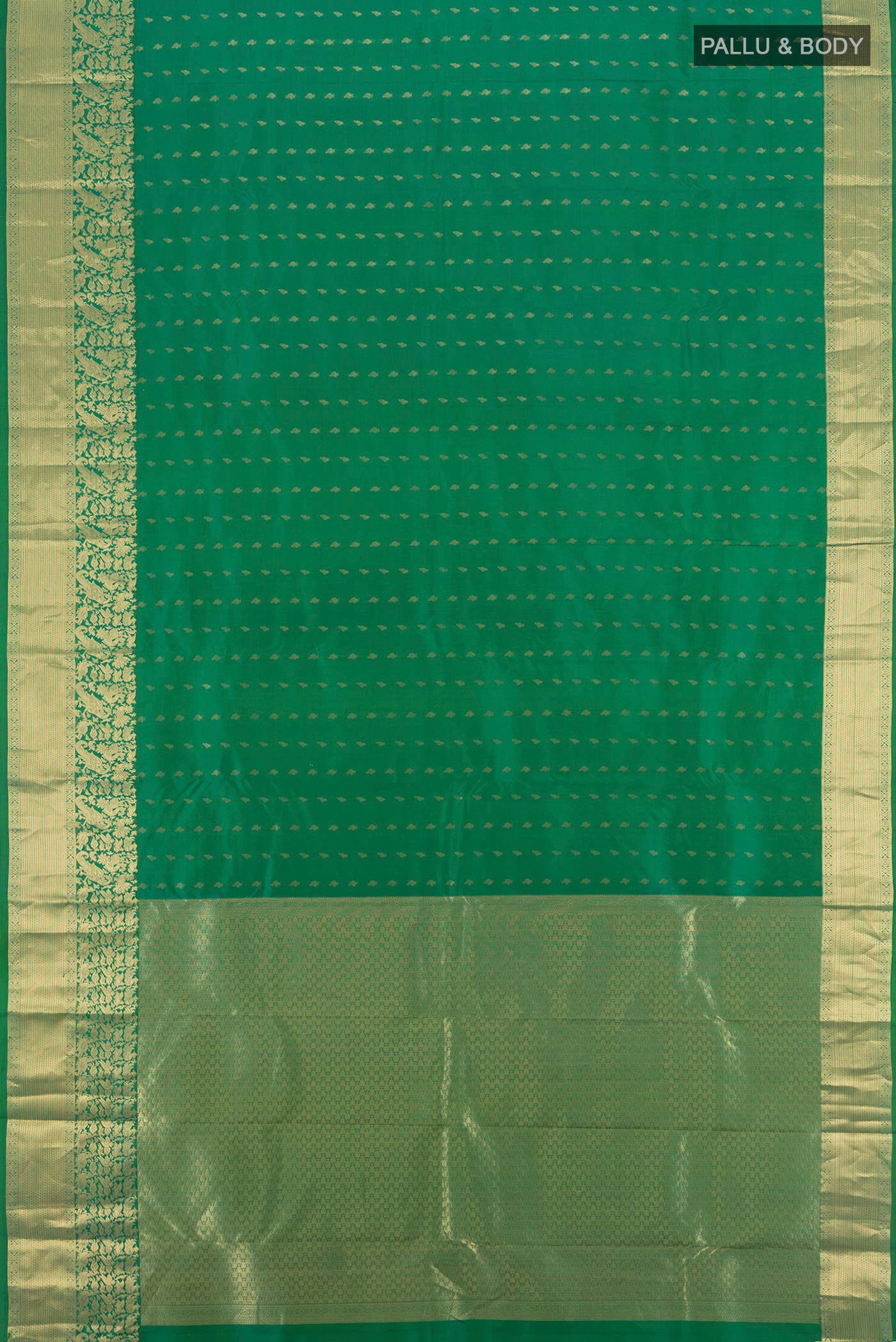 Flat view of Green Kanchipuram Silk Saree with Zari Butta on the body and Zari Border. 