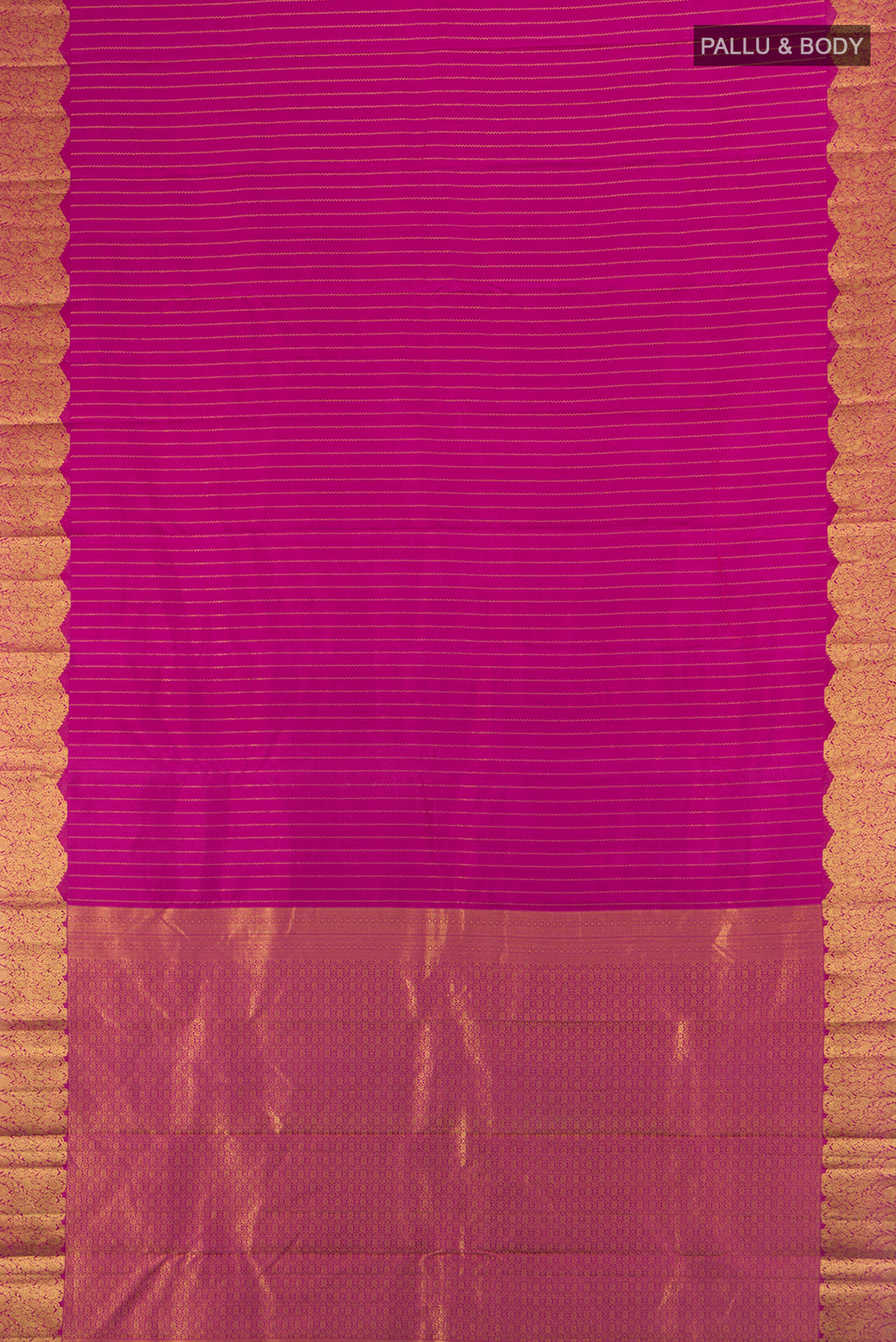 Flat view of Rani Pink Kanchipuram Silk Saree with Stripes on the body and Zari Border. 