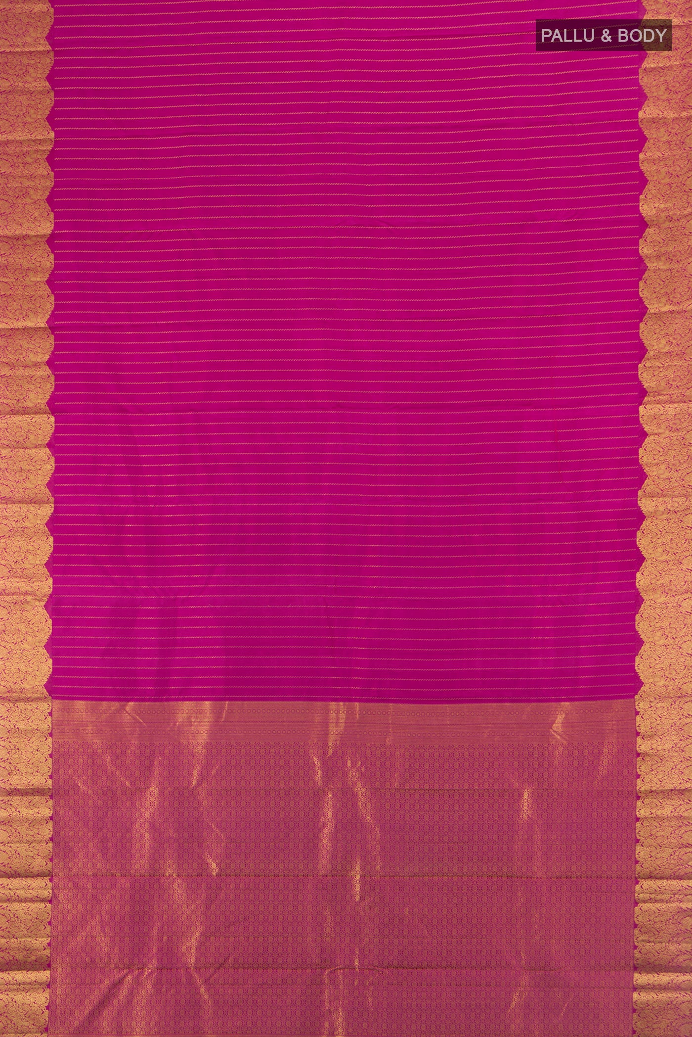 Flat view of Rani Pink Kanchipuram Silk Saree with Stripes on the body and Zari Border. 