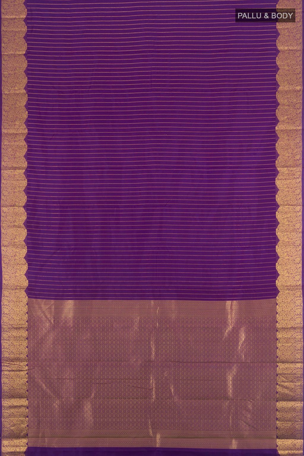 Flat view of Violet Kanchipuram Silk Saree with Stripes on the body and Zari Border. 