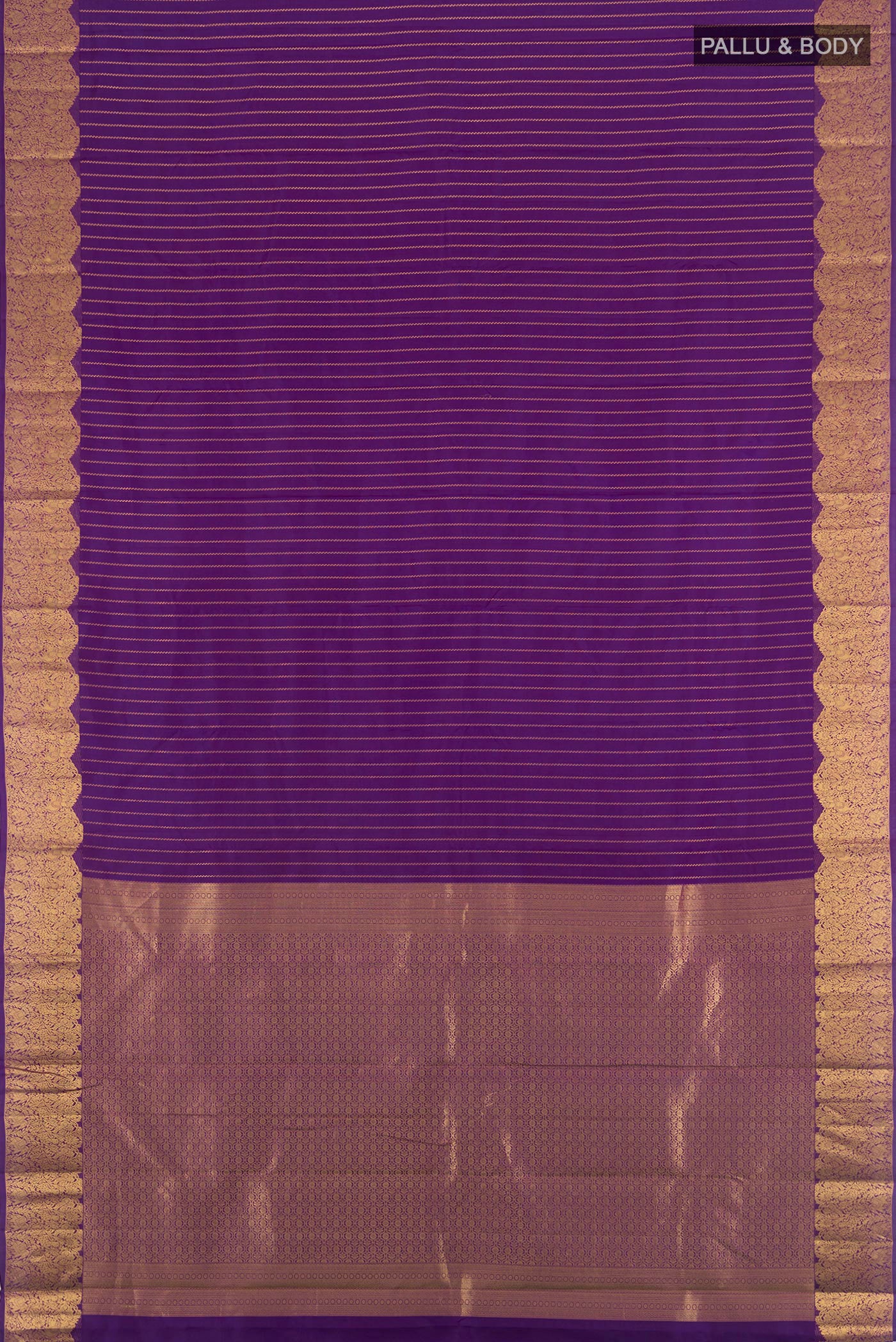 Flat view of Violet Kanchipuram Silk Saree with Stripes on the body and Zari Border. 