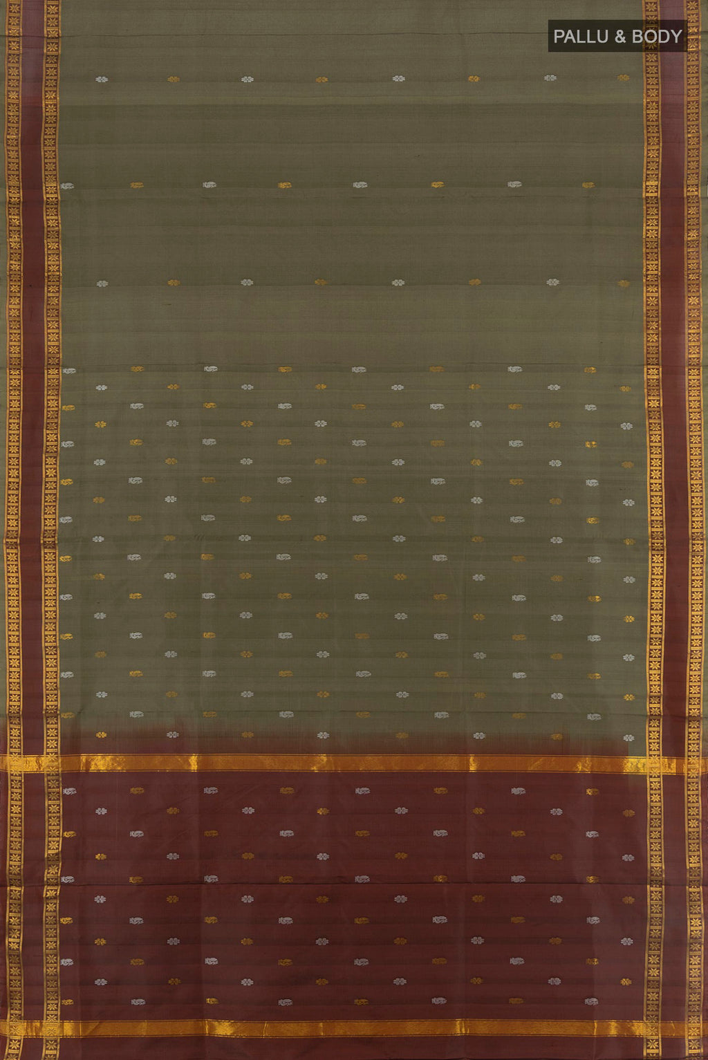 Flat view of Mehandi Green Uppada Silk Saree with Zari Butta on the body and Zari Border. 