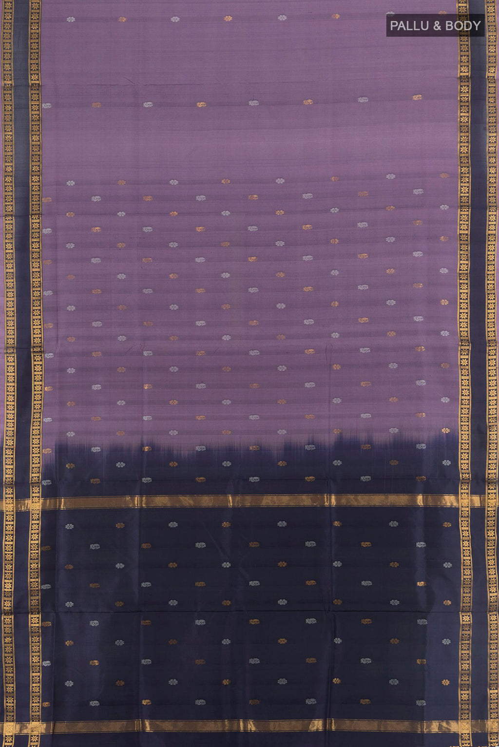 Flat view of Pure Silk Lavender Uppada Saree with Zari Butta on the body and Plain Border. 