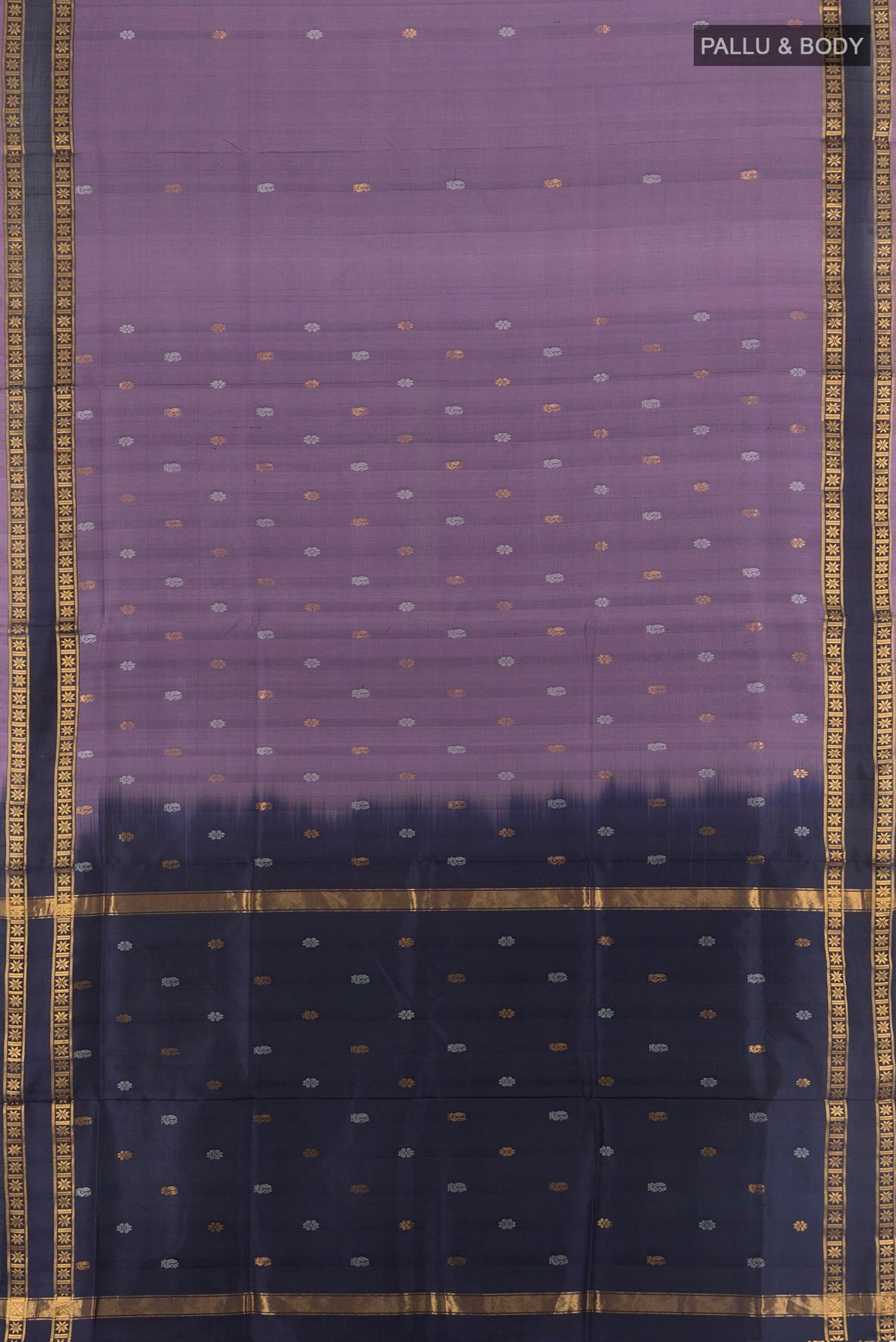Flat view of Pure Silk Lavender Uppada Saree with Zari Butta on the body and Plain Border. 