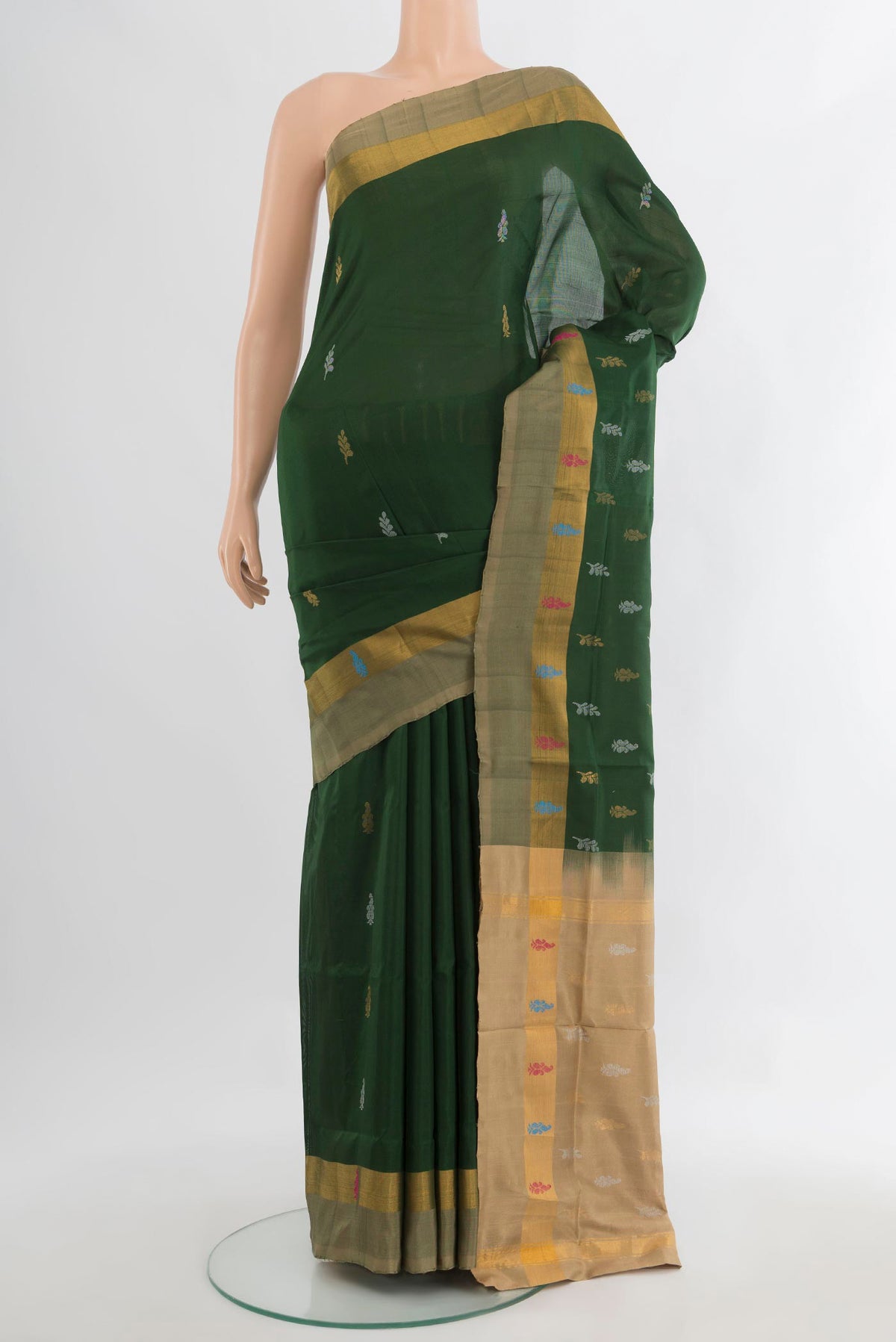 Pure Silk Green Uppada Saree with Zari Butta on the body and Zari Border.  displayed on a mannequin