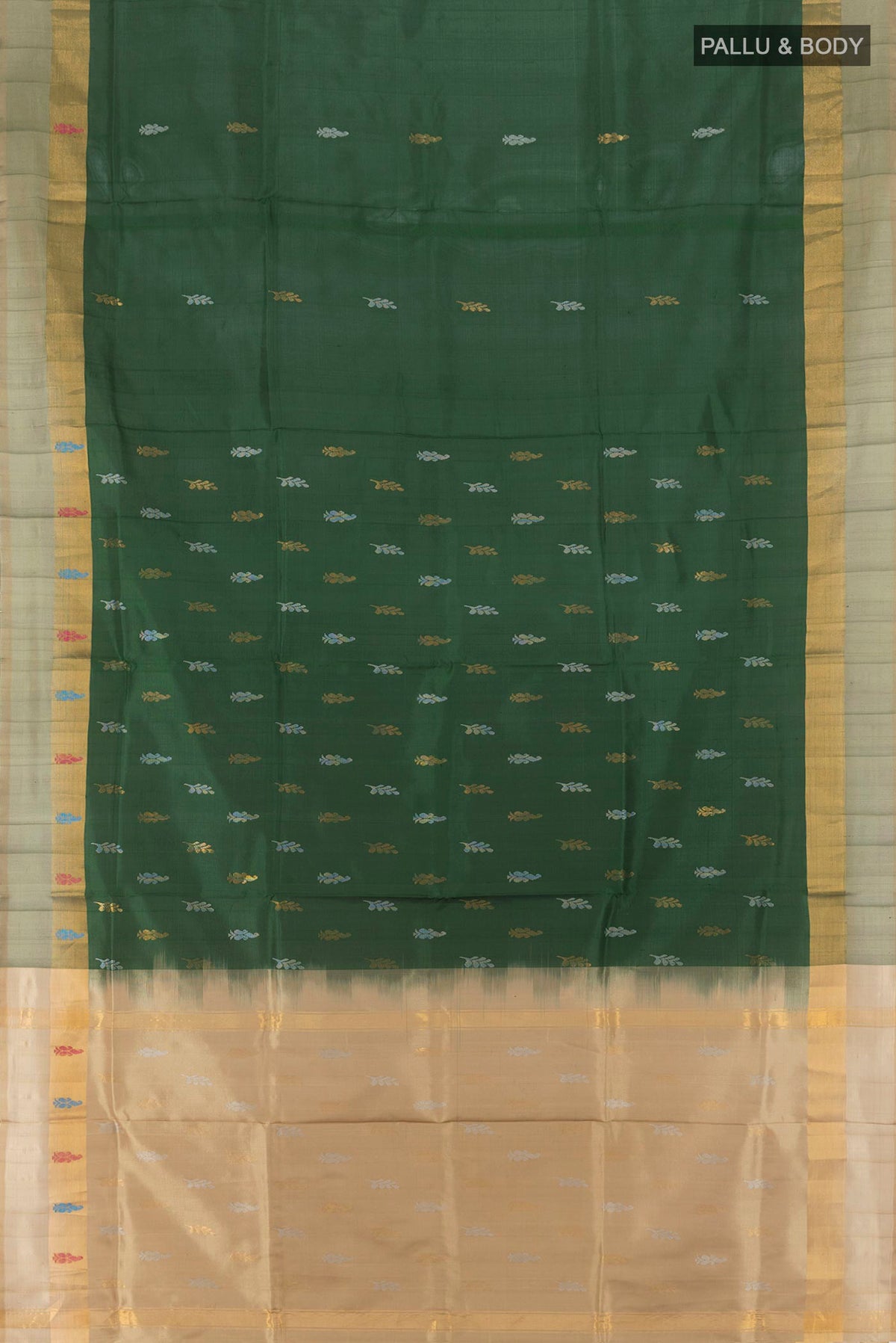 Flat view of Pure Silk Green Uppada Saree with Zari Butta on the body and Zari Border. 