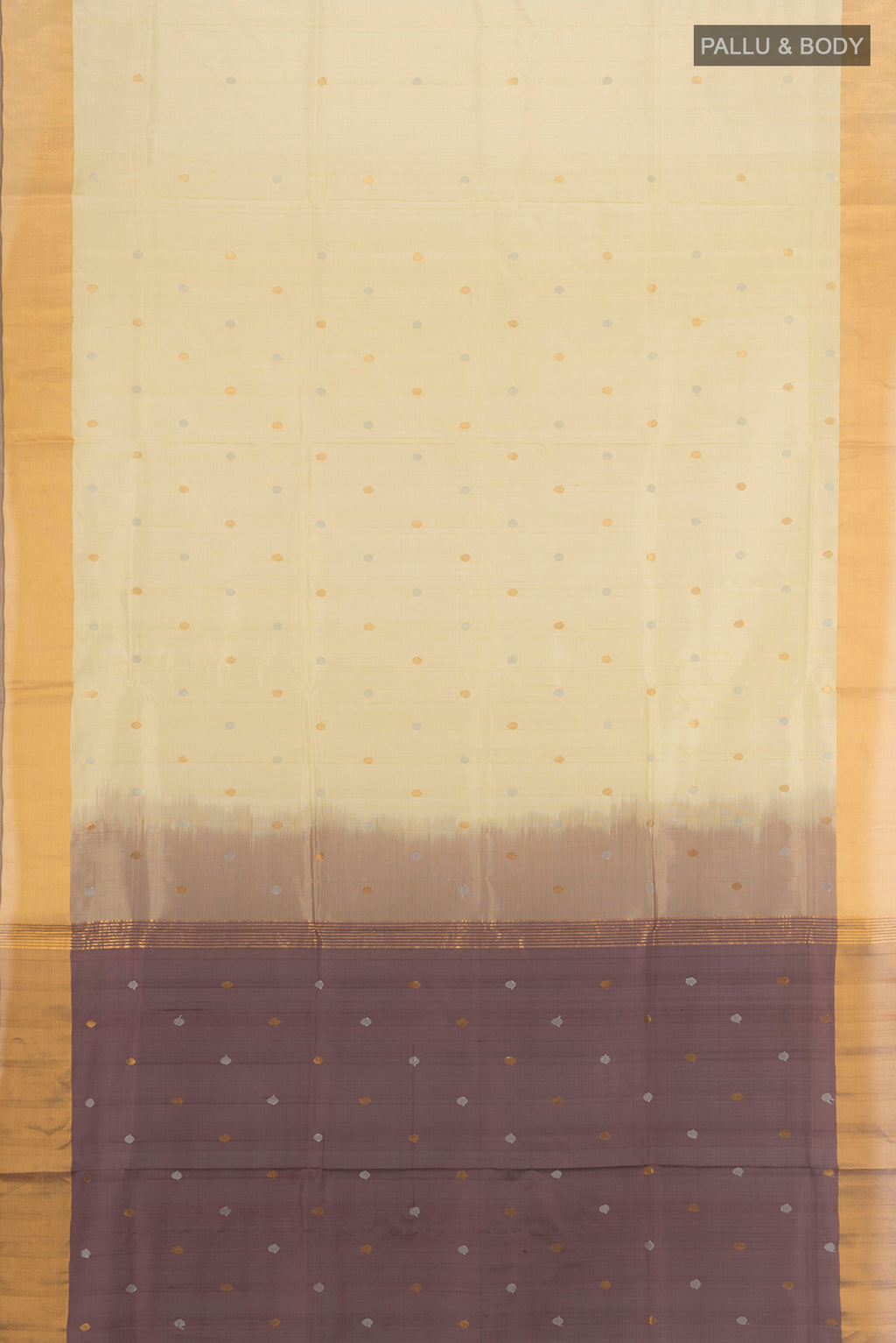 Flat view of Cream Uppada Silk Saree with Zari Butta on the body and Silk Border. 