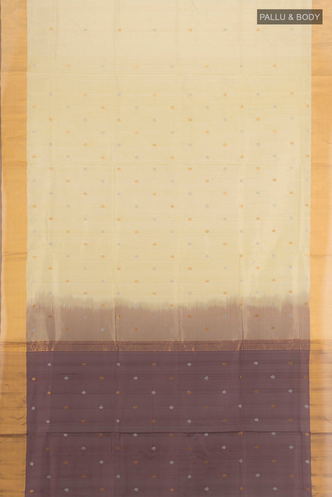 Flat view of Cream Uppada Silk Saree with Zari Butta on the body and Silk Border. 