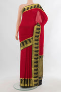 Red Mysore Crepe Saree with Zari Butta on the body and Zari Border.  displayed on a mannequin