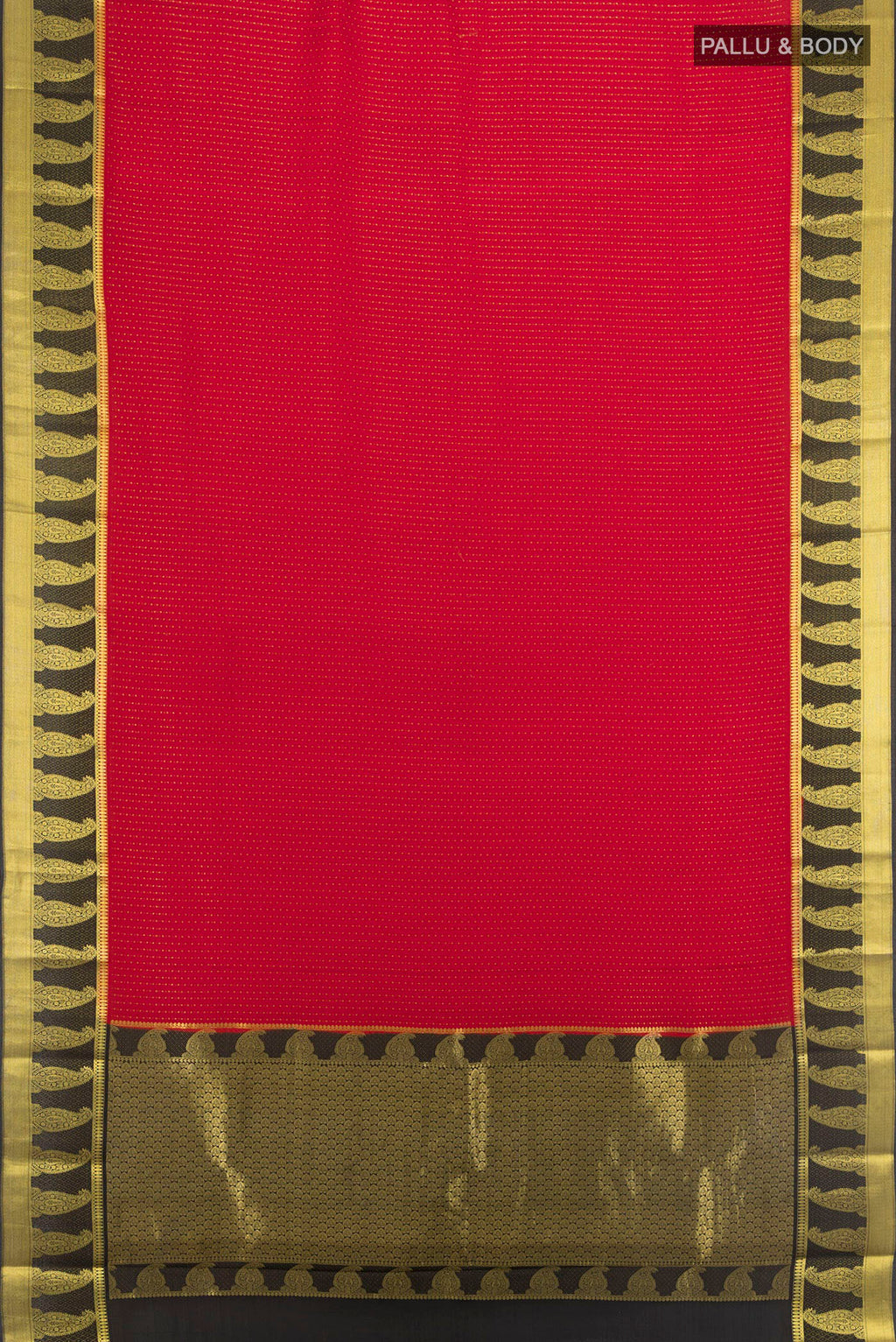 Flat view of Red Mysore Crepe Saree with Zari Butta on the body and Zari Border. 
