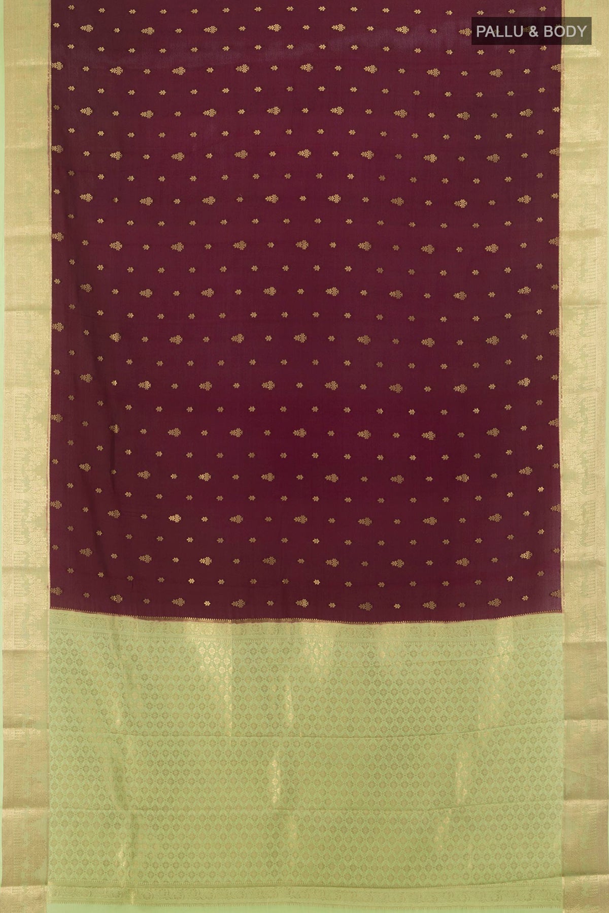 Flat view of Coffee Brown Mysore Crepe Saree with Plain Body and Zari Border. 