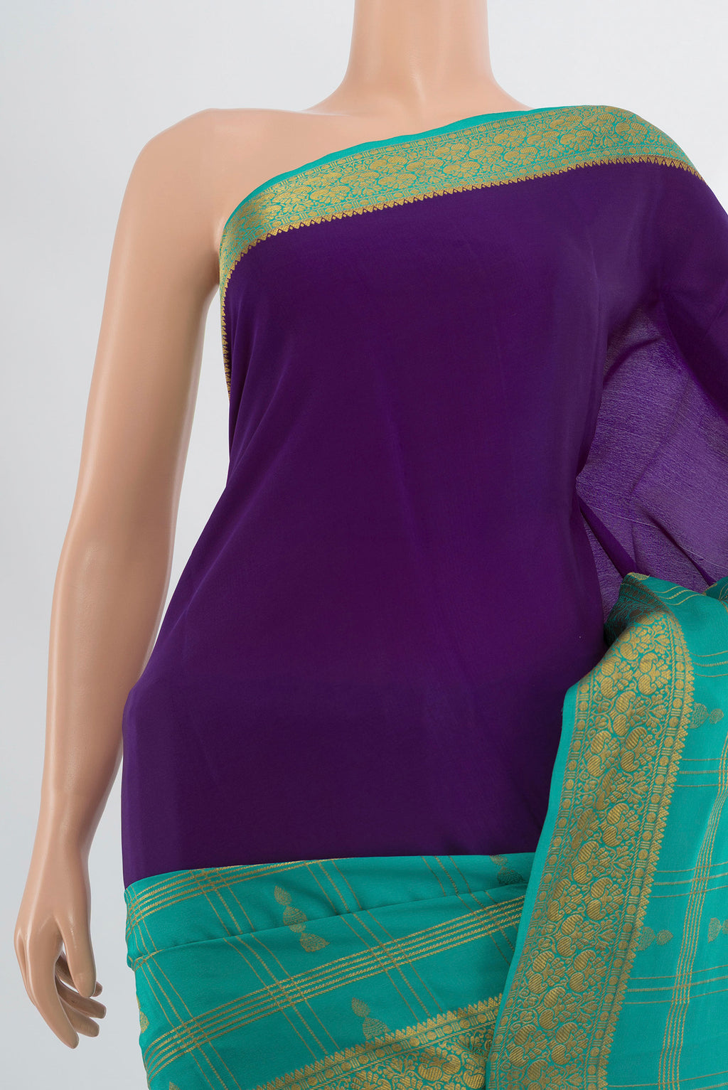Border image of Violet Mysore Crepe Saree with Zari Butta on the body and Silk Border. 