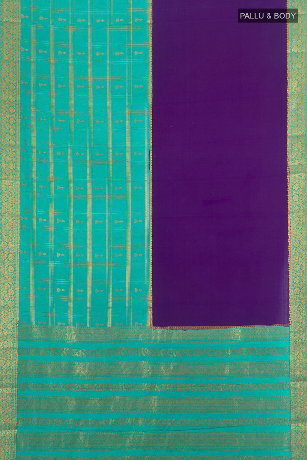 Flat view of Violet Mysore Crepe Saree with Zari Butta on the body and Silk Border. 