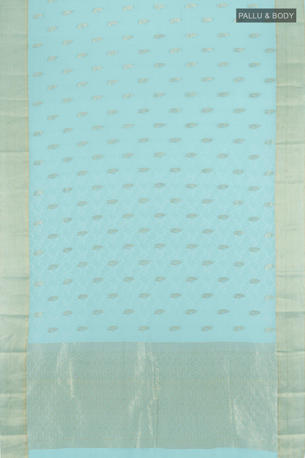 Flat view of Sky Blue Mysore Crepe Saree with Zari Butta on the body and Zari Border. 