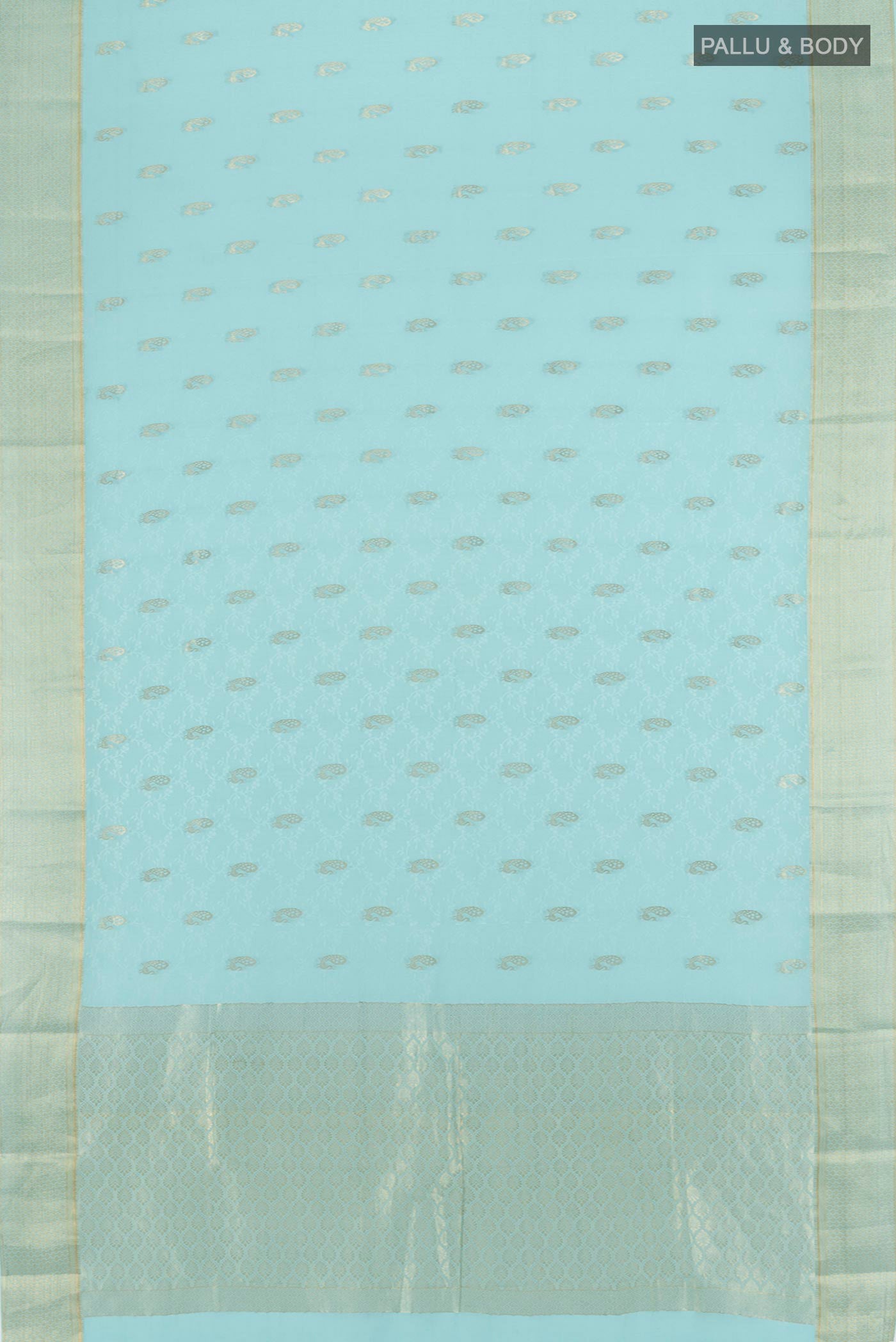 Flat view of Sky Blue Mysore Crepe Saree with Zari Butta on the body and Zari Border. 