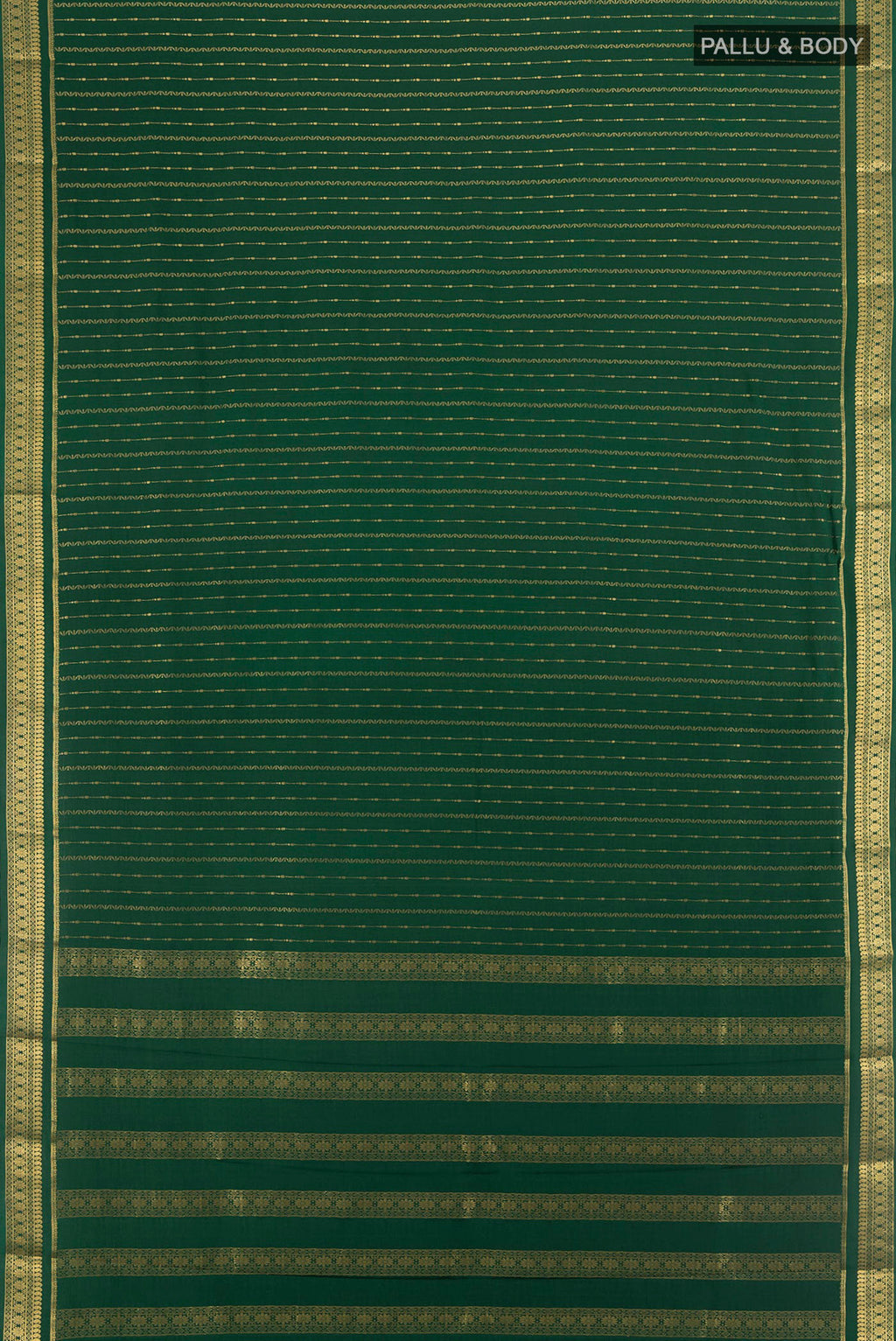Flat view of Bottle Green Mysore Crepe Saree with Stripes on the body and Zari Border. 