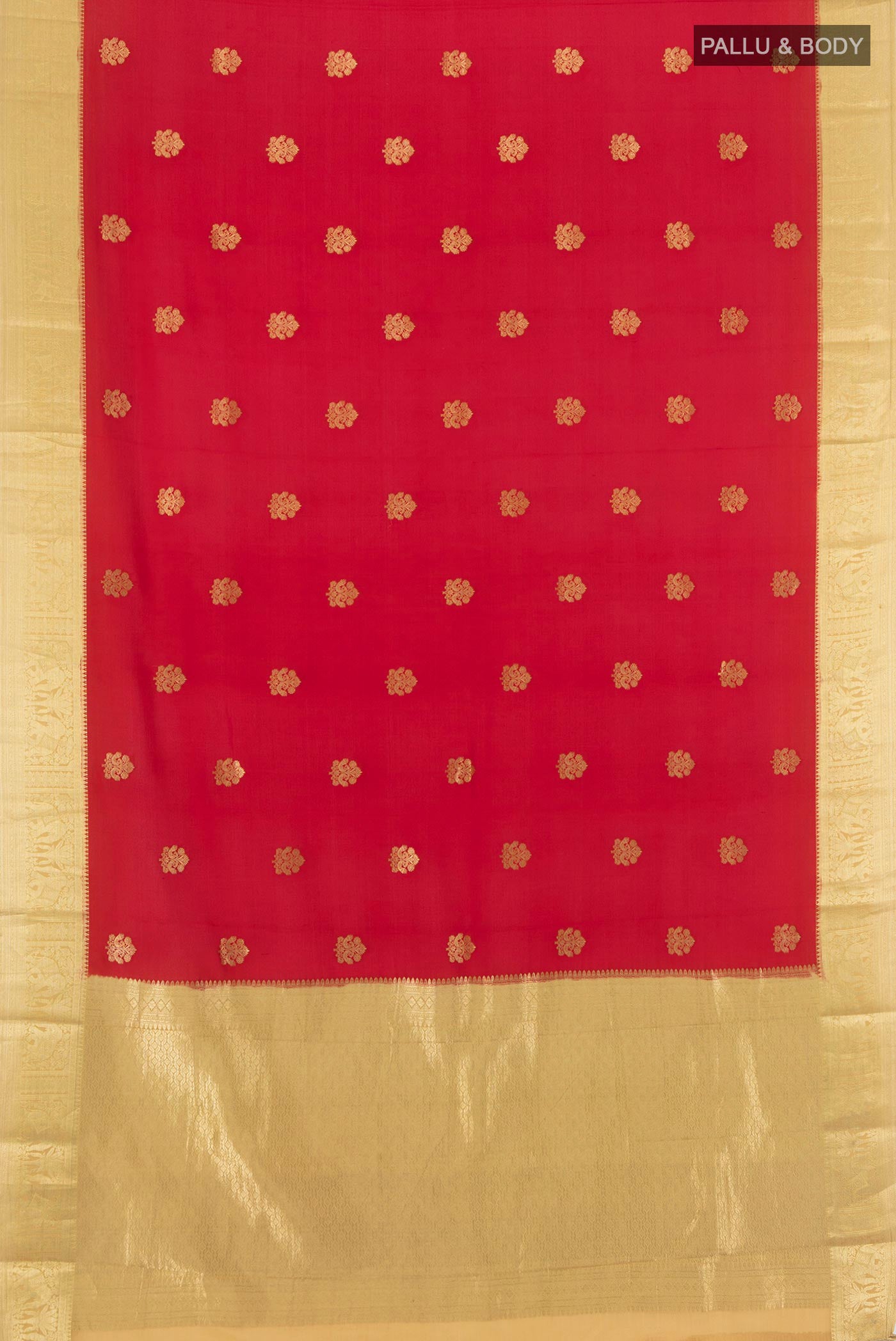 Flat view of Red Mysore Crepe Saree with Zari Butta on the body and Zari Border. 