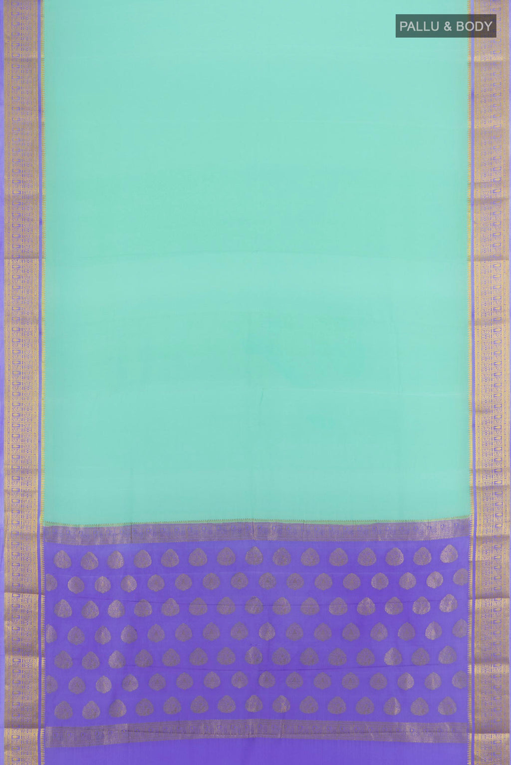 Flat view of Sea Green Mysore Crepe Saree with Plain Body and Zari Border. 