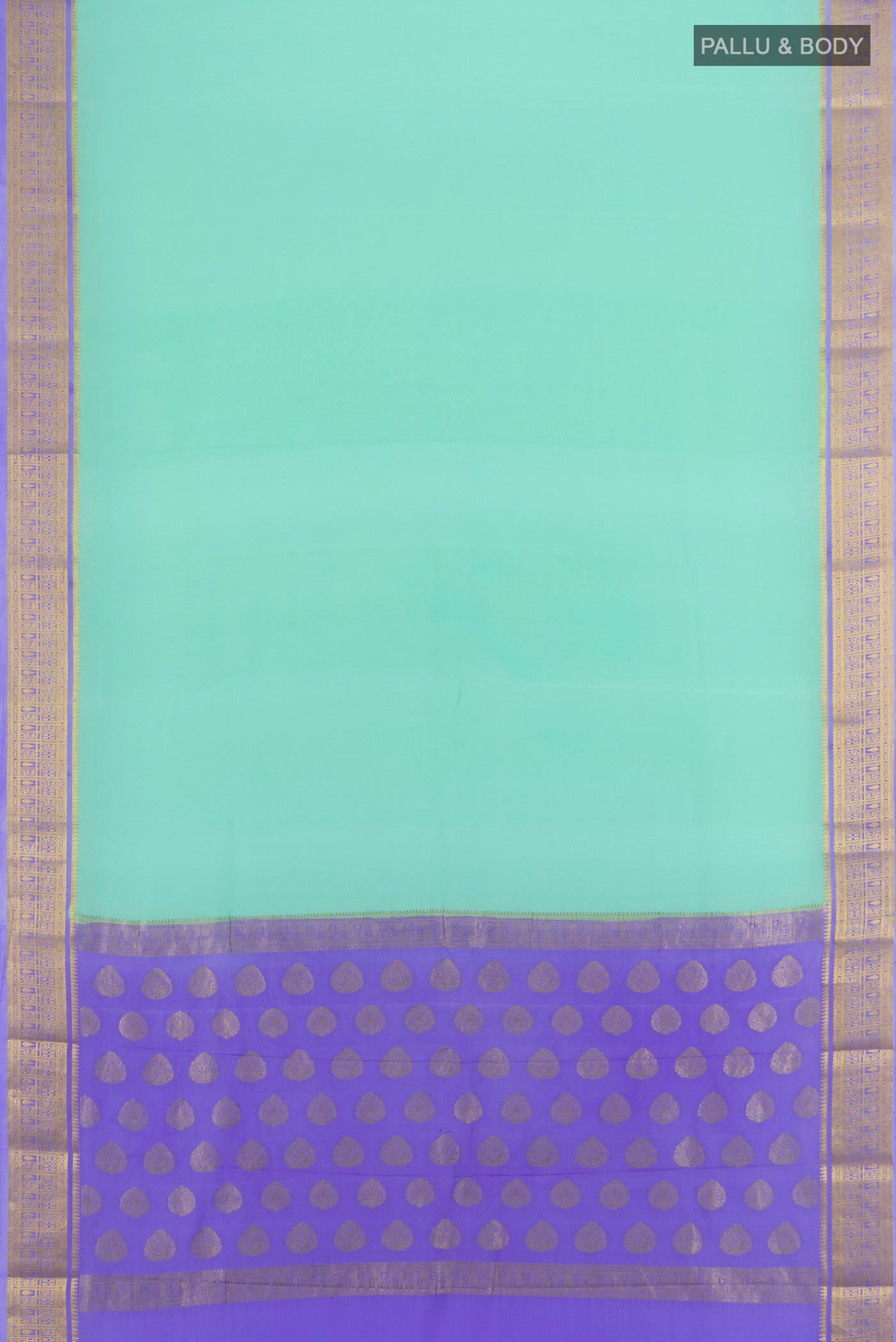 Flat view of Sea Green Mysore Crepe Saree with Plain Body and Zari Border. 