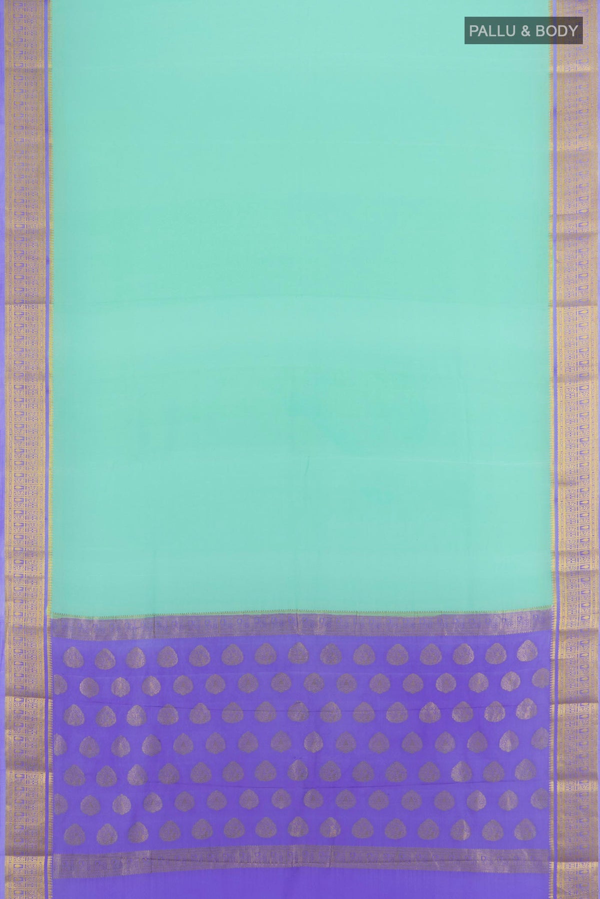 Flat view of Sea Green Mysore Crepe Saree with Plain Body and Zari Border. 