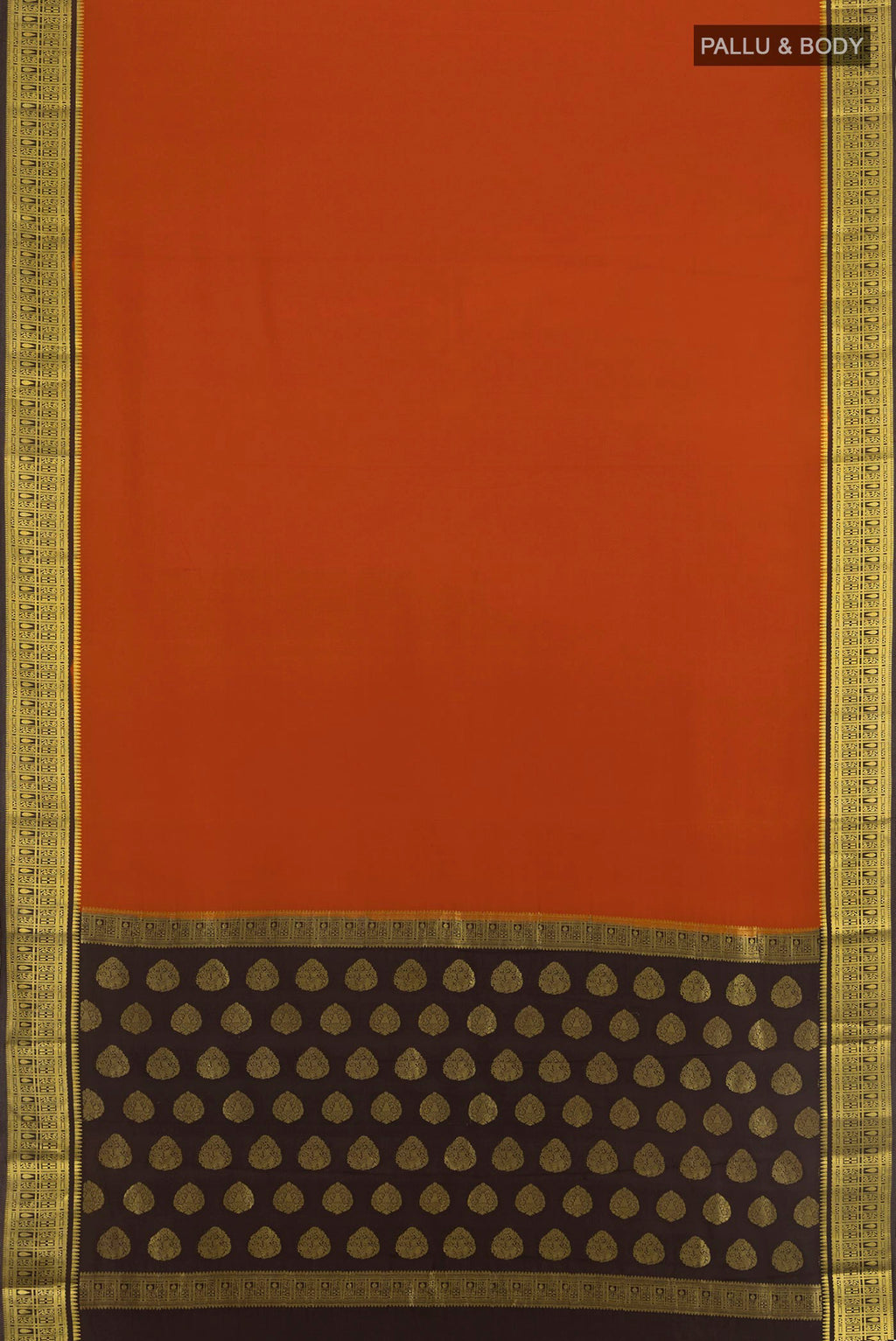 Flat view of Rust Mysore Crepe Saree with Plain Body and Zari Border. 