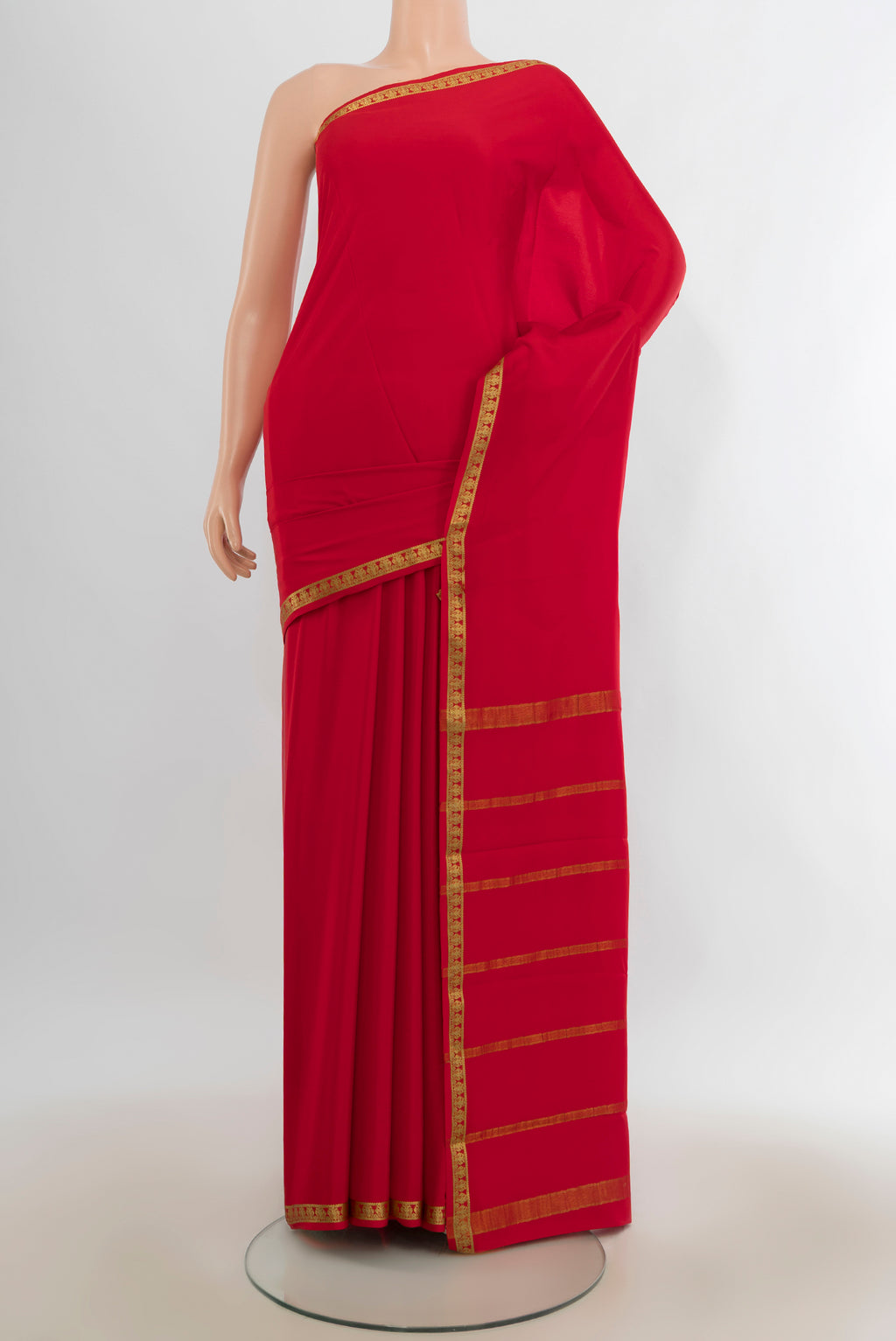 Red Mysore Crepe Saree with Plain Body and Zari Border.  displayed on a mannequin