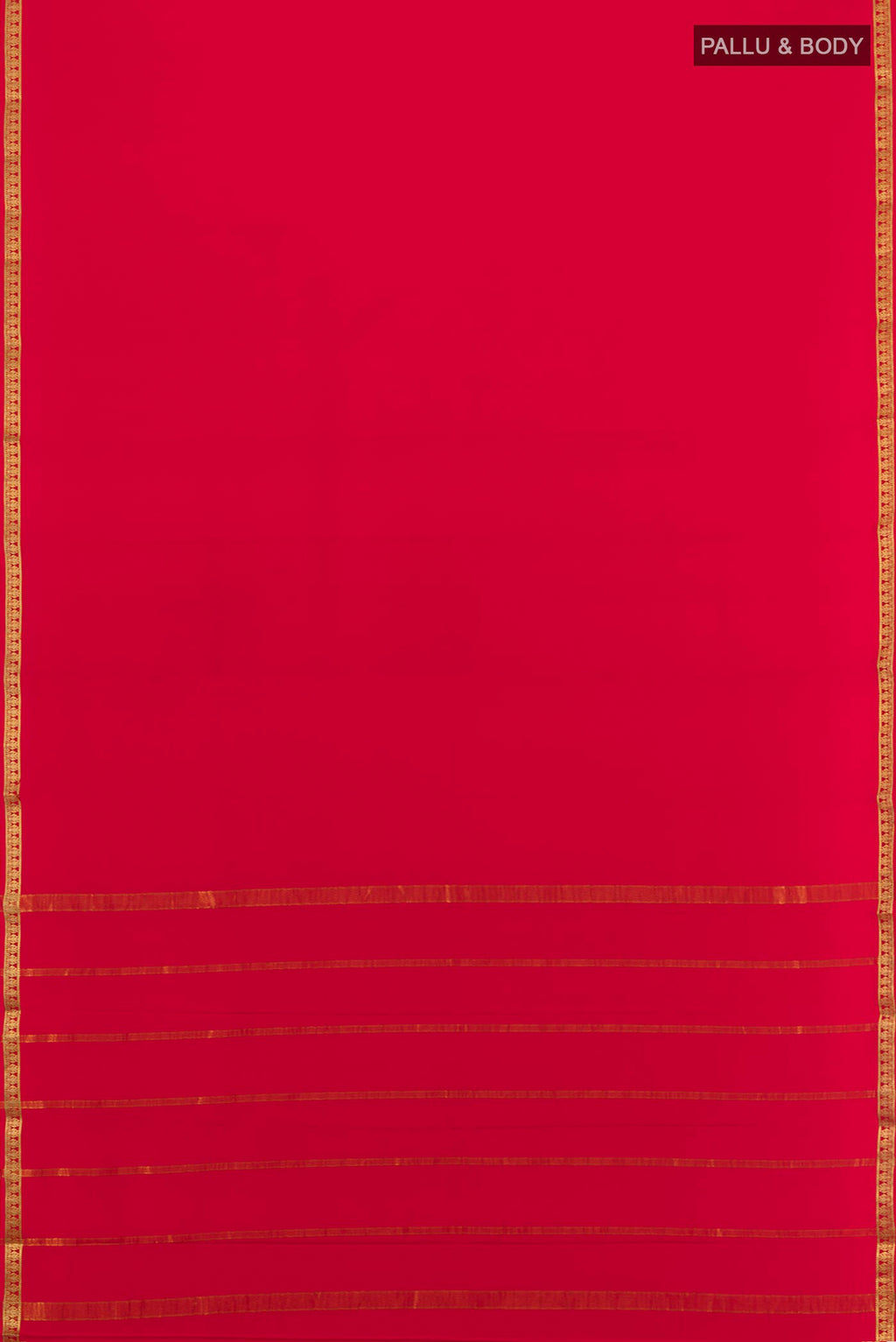 Flat view of Red Mysore Crepe Saree with Plain Body and Zari Border. 