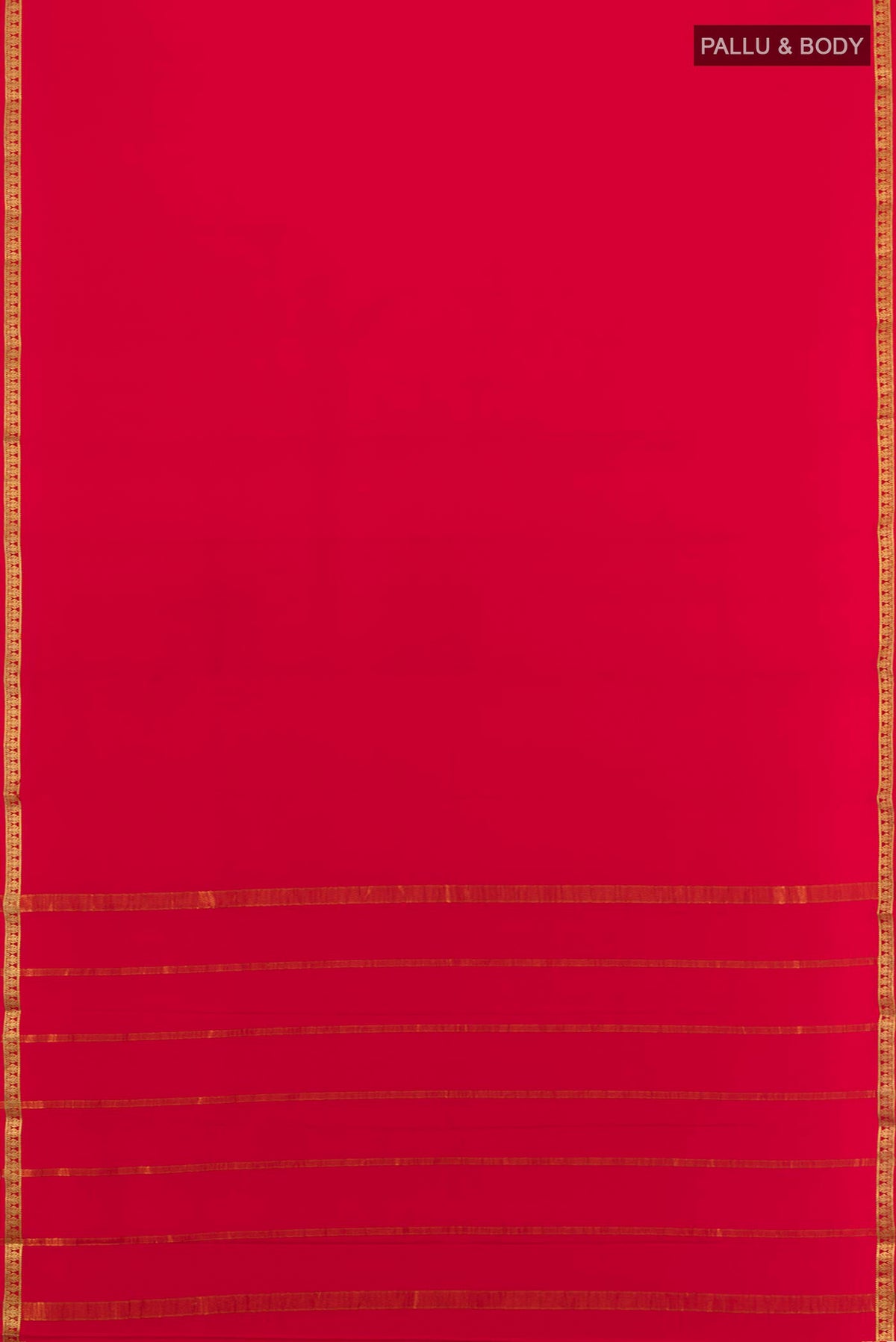 Flat view of Red Mysore Crepe Saree with Plain Body and Zari Border. 