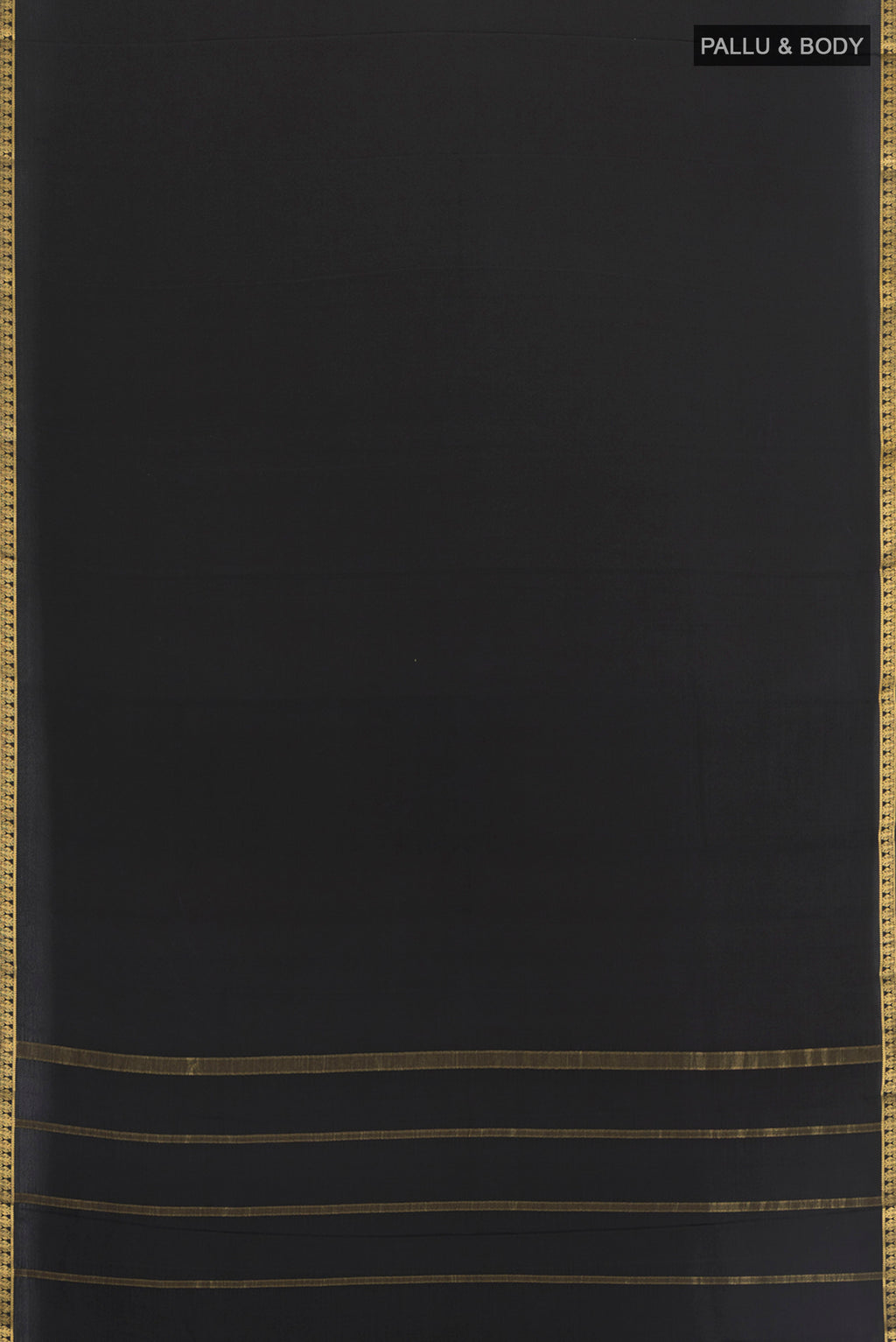 Flat view of Black Mysore Crepe Saree with Plain Body and Zari Border. 